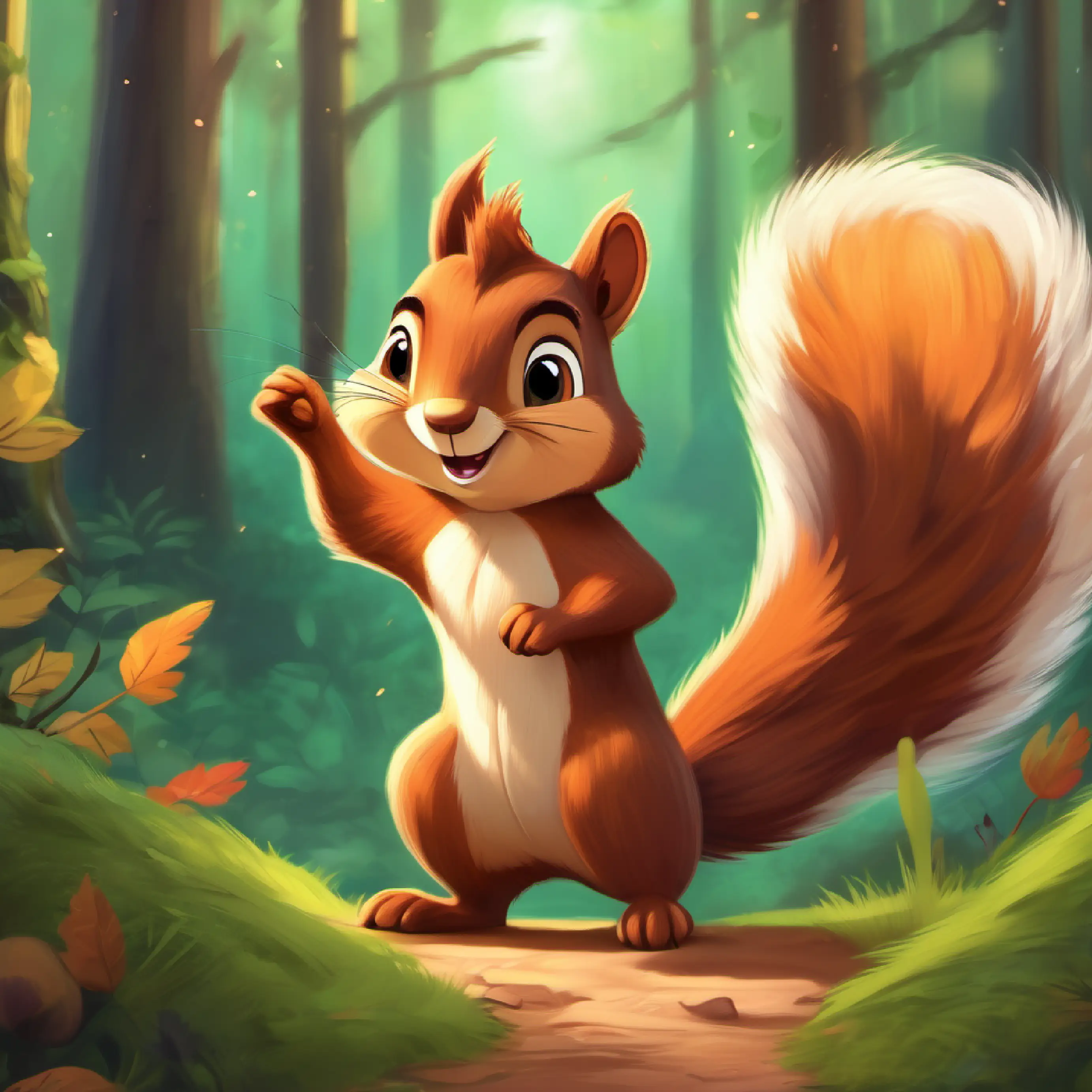 Furry squirrel with bright eyes and a bushy tail bravely leading the Different animals showing emotions - happy, scared, and grateful through the forest.