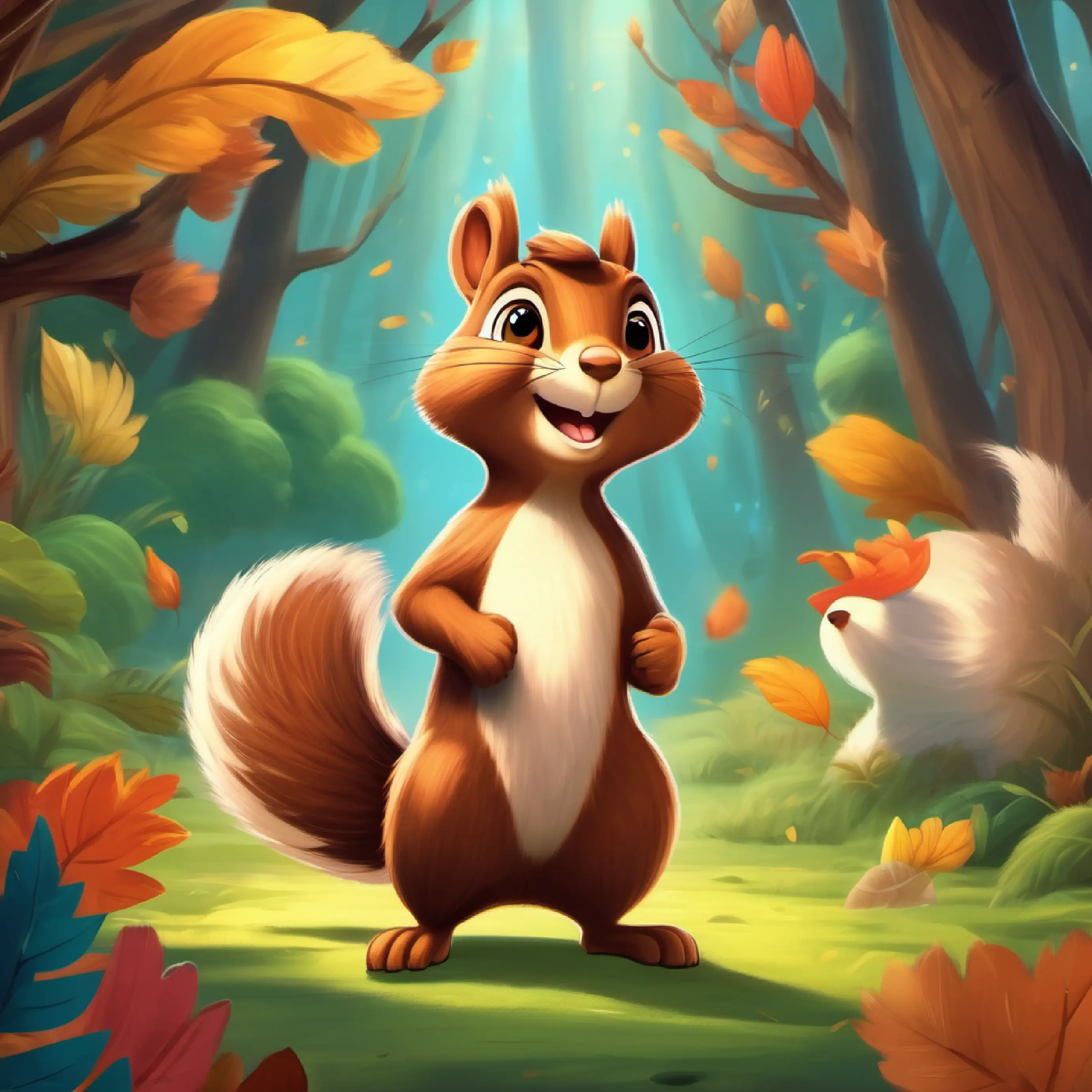 Furry squirrel with bright eyes and a bushy tail standing proudly as the hero with cheering animals around him.
