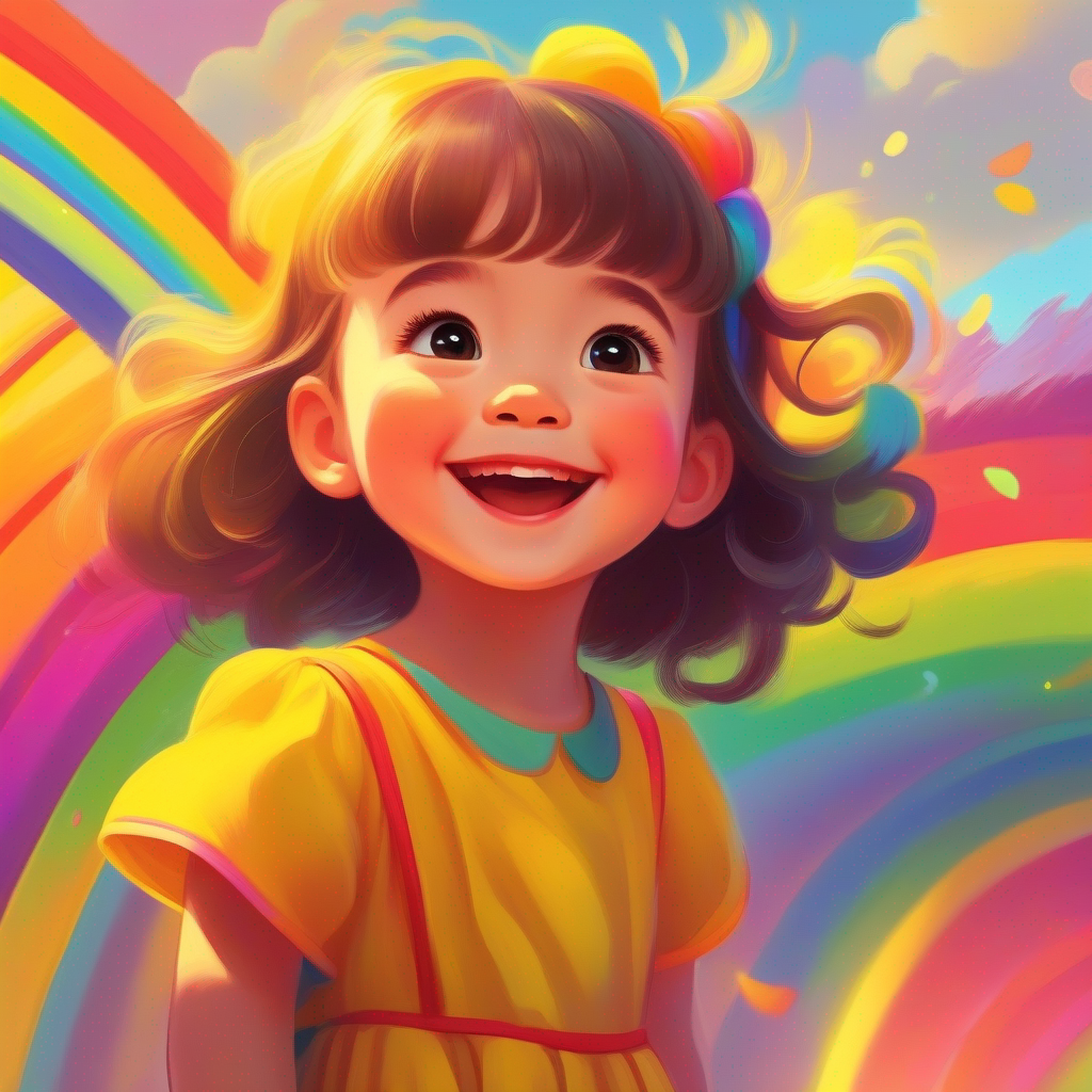 Bright and happy little girl, wearing a yellow dress looking at a rainbow, colorful and happy