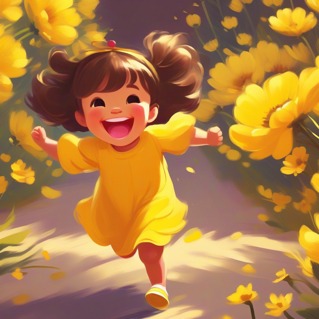 Bright and happy little girl, wearing a yellow dress feeling joyful and happy, with a big smile