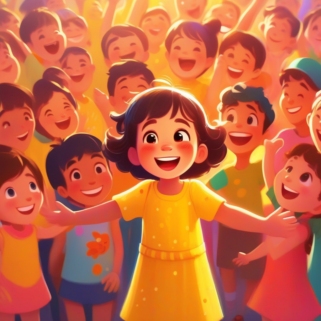 Bright and happy little girl, wearing a yellow dress talking to Colorful group of people with big smiles and open arms, happy expressions