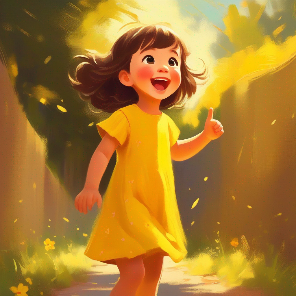 Bright and happy little girl, wearing a yellow dress talking and gesturing excitedly