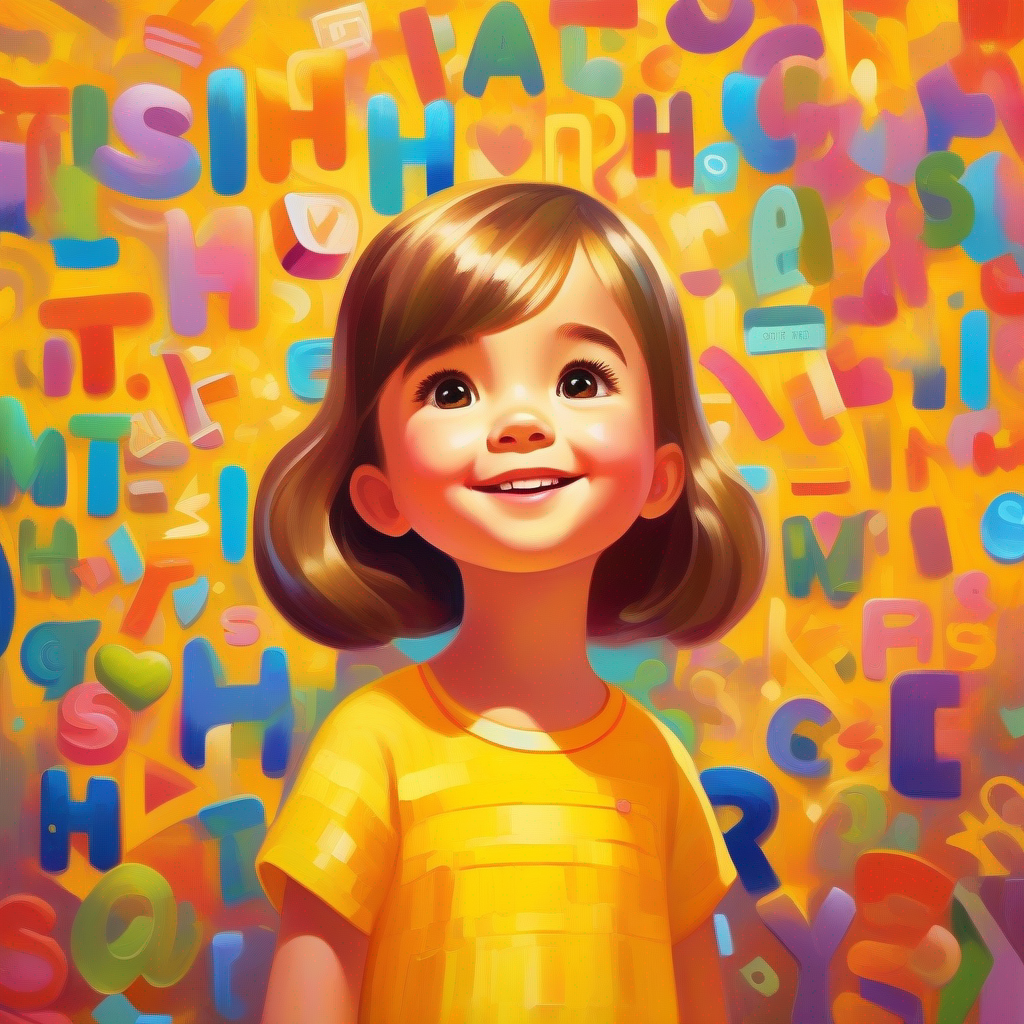 Bright and happy little girl, wearing a yellow dress thinking, surrounded by colorful words like 'honesty' and 'share'