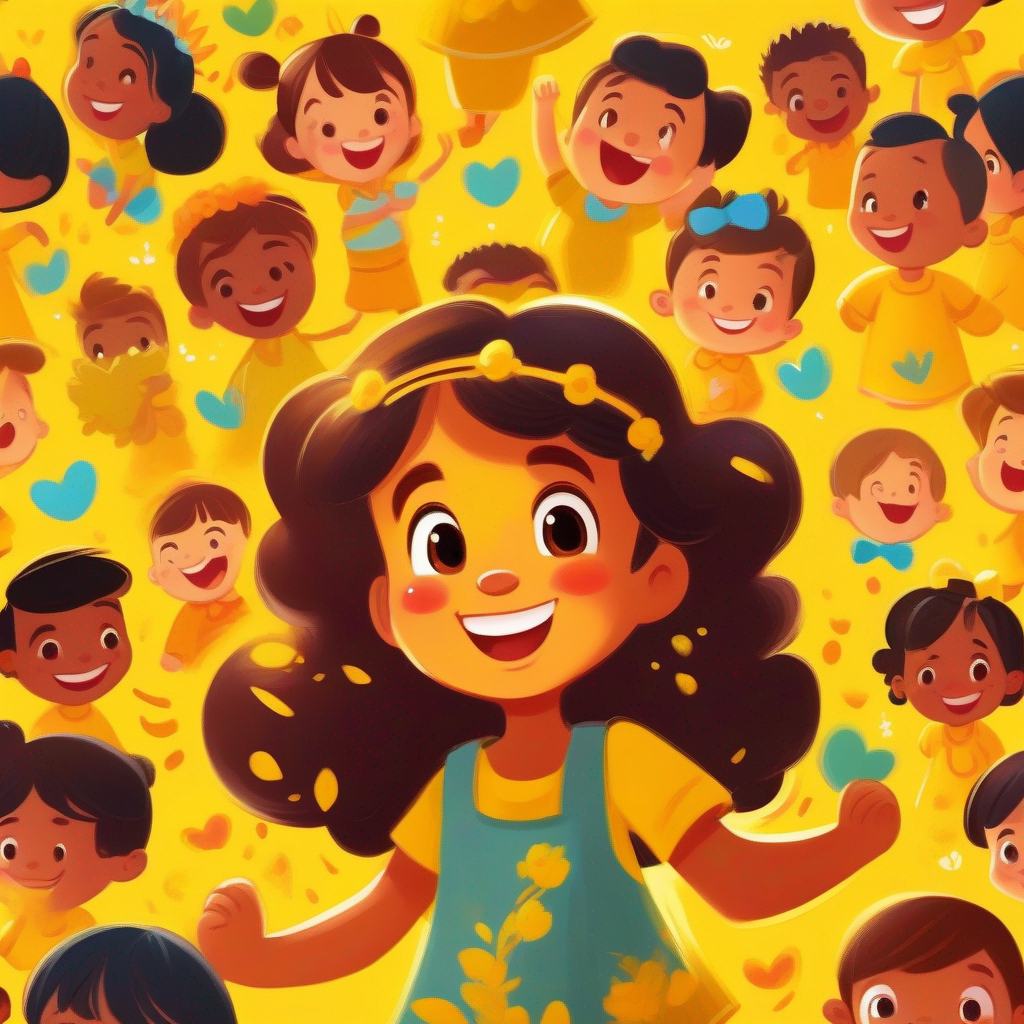 Bright and happy little girl, wearing a yellow dress spreading happiness among other characters