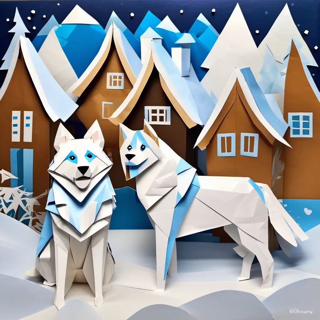 Snowy village, White and fluffy husky with bright blue eyes the husky, and Curly-haired boy with brown eyes and a big smile playing outside.