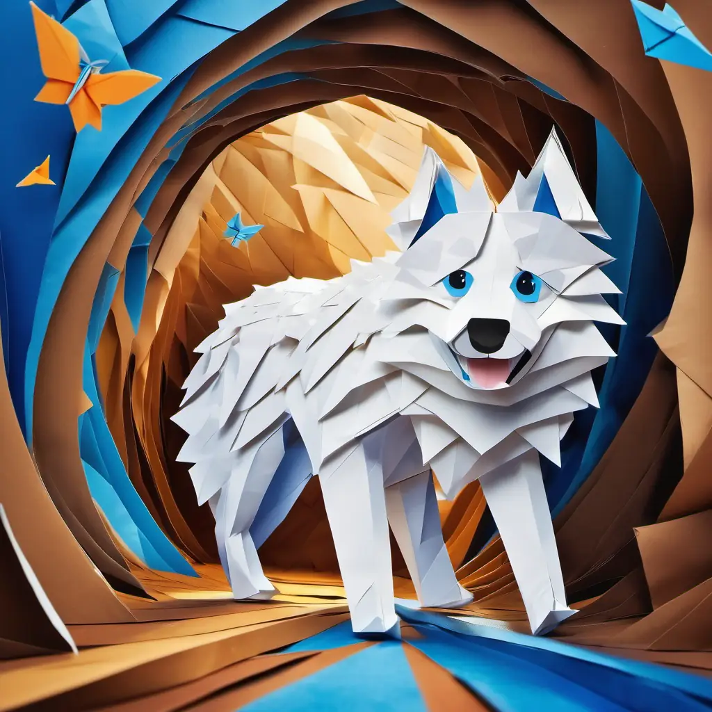 Mysterious tunnel, fairy world filled with numbers and shapes, White and fluffy husky with bright blue eyes and Curly-haired boy with brown eyes and a big smile in awe.