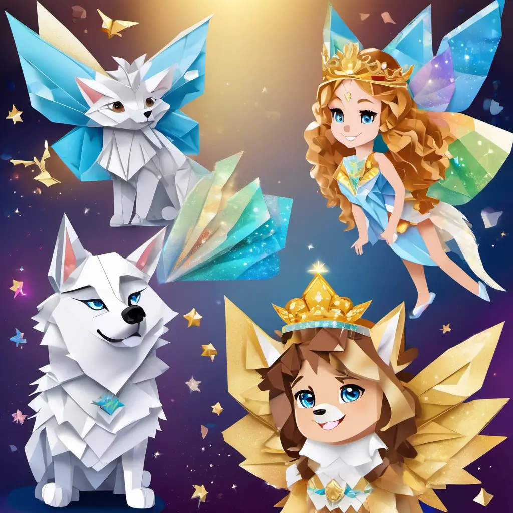 Sparkly Sparkly fairy with rainbow wings and a golden tiara, golden ruler, White and fluffy husky with bright blue eyes and Curly-haired boy with brown eyes and a big smile learning from her.