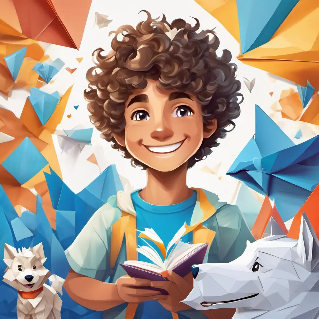 Curly-haired boy with brown eyes and a big smile excitedly telling his friends about the math fairy world, White and fluffy husky with bright blue eyes smiling beside him.