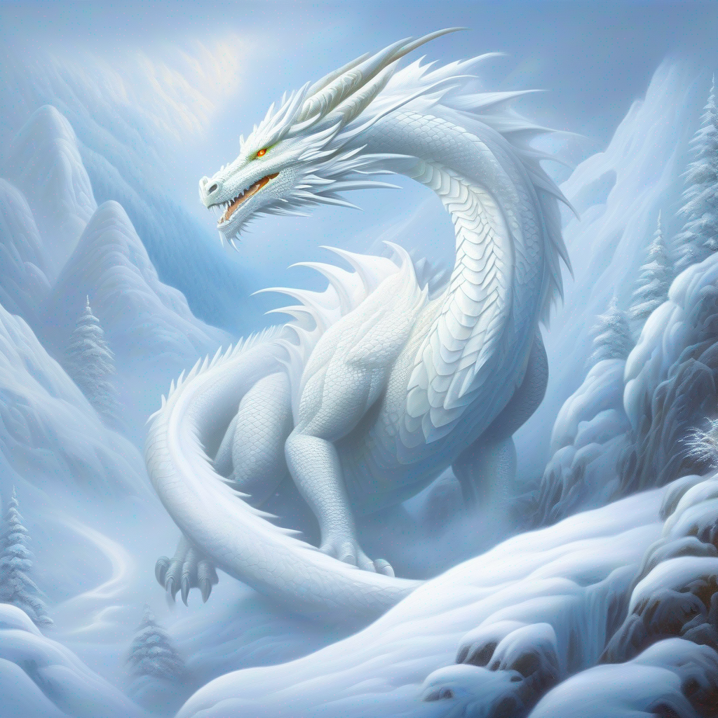 A white dragon with kind eyes, breathing snowy mist the Dragon in a snowy land