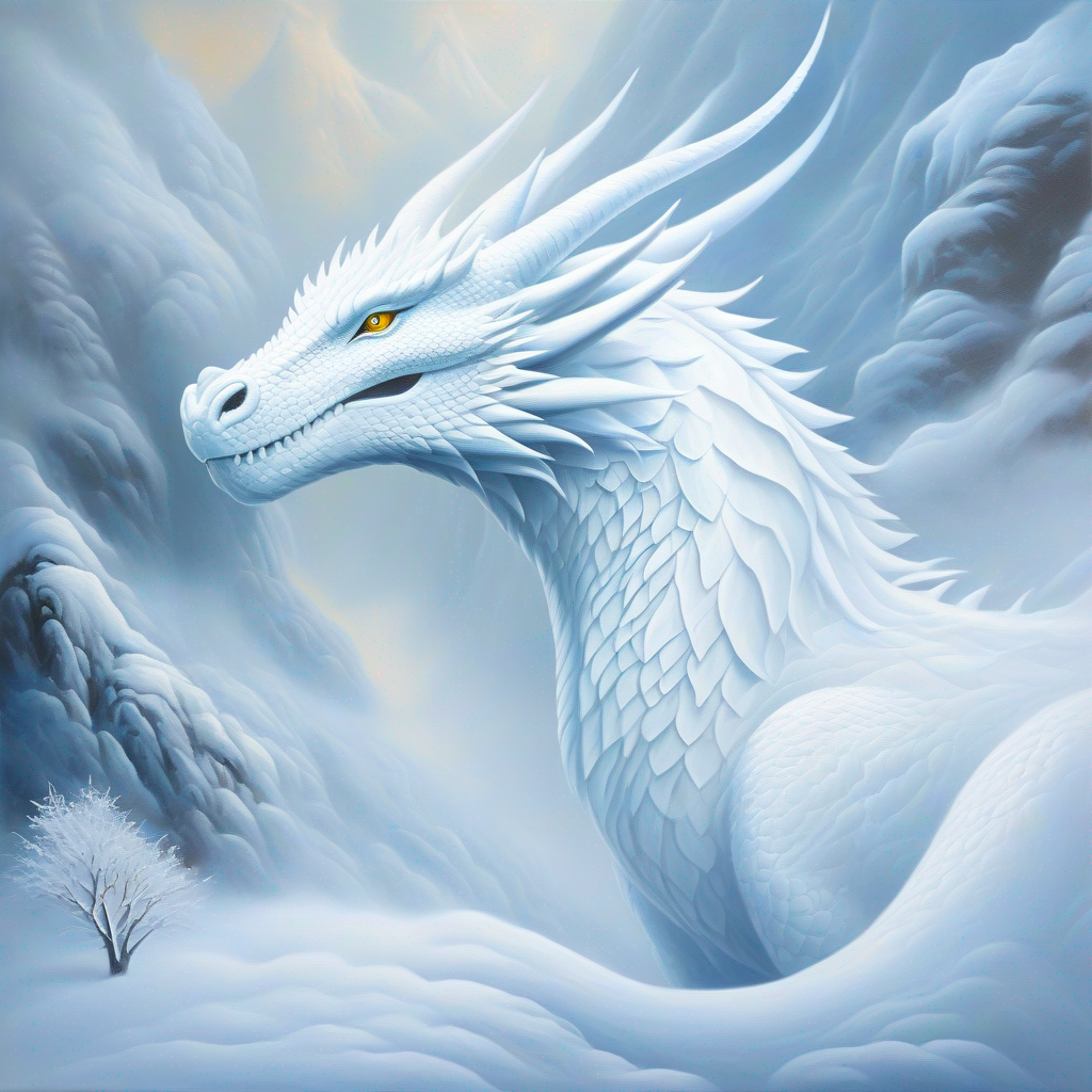 A white dragon with kind eyes, breathing snowy mist listening to animals