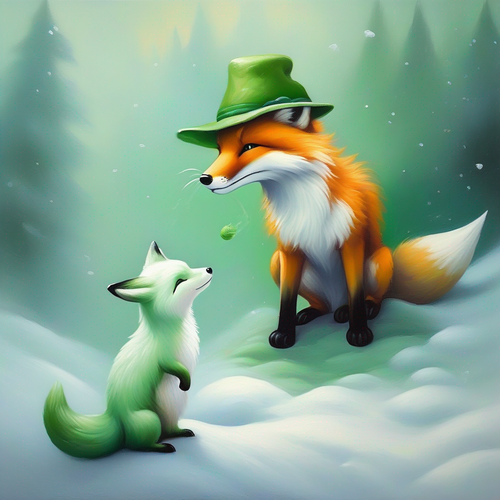 A little fox with a sad face, wearing a green hat fox talking to A white dragon with kind eyes, breathing snowy mist about his lost toy