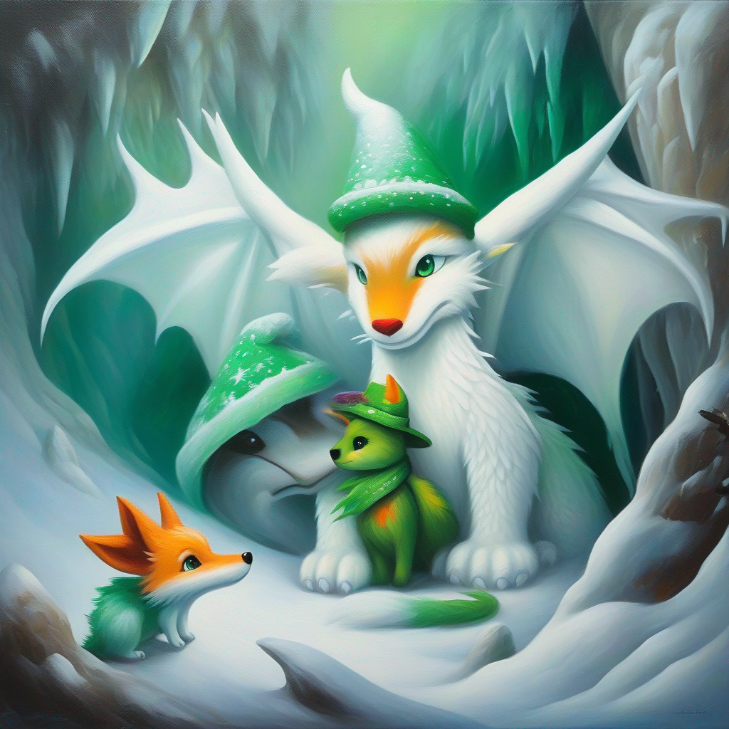 A white dragon with kind eyes, breathing snowy mist and A little fox with a sad face, wearing a green hat finding the toy in a cave