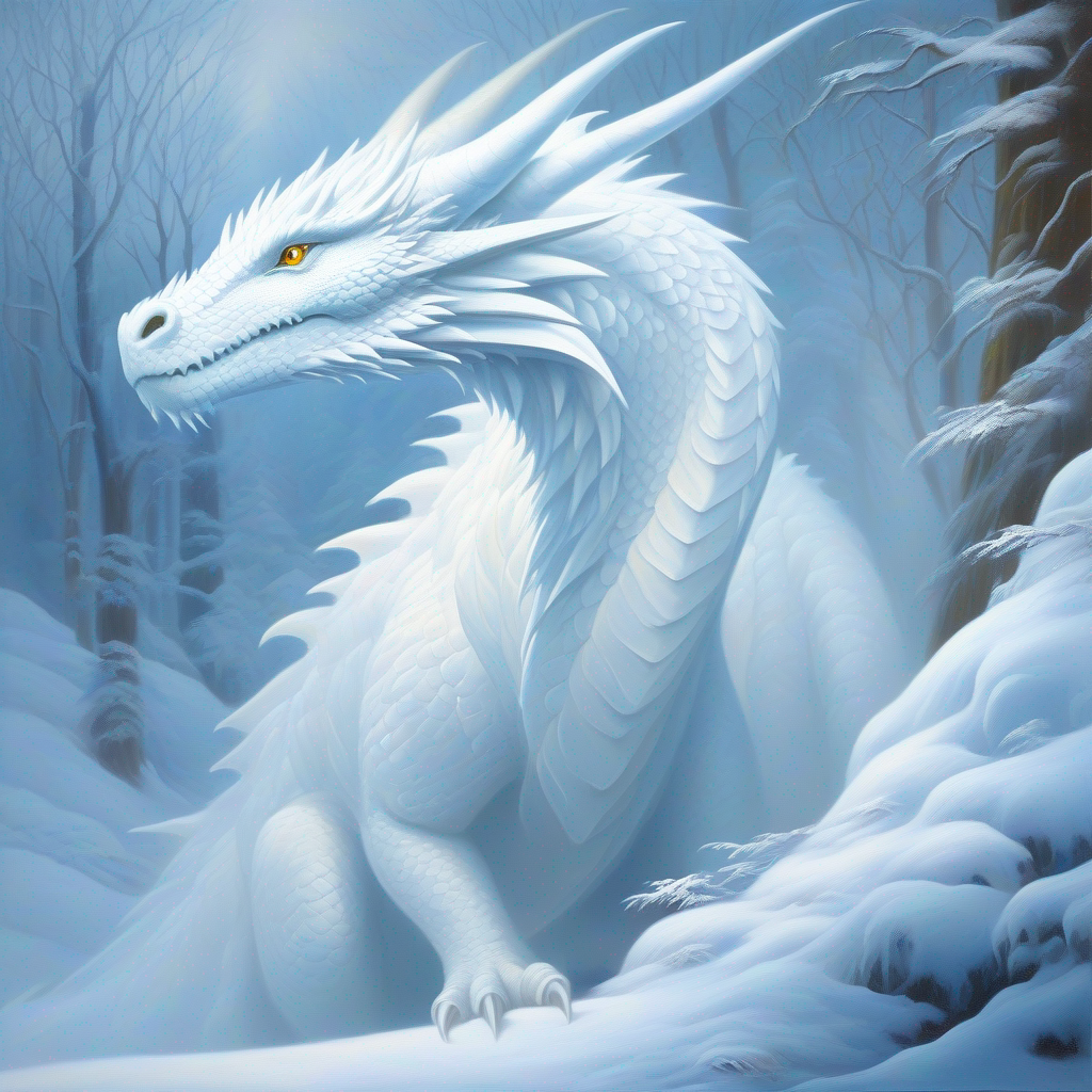 A white dragon with kind eyes, breathing snowy mist listening to animals from all around