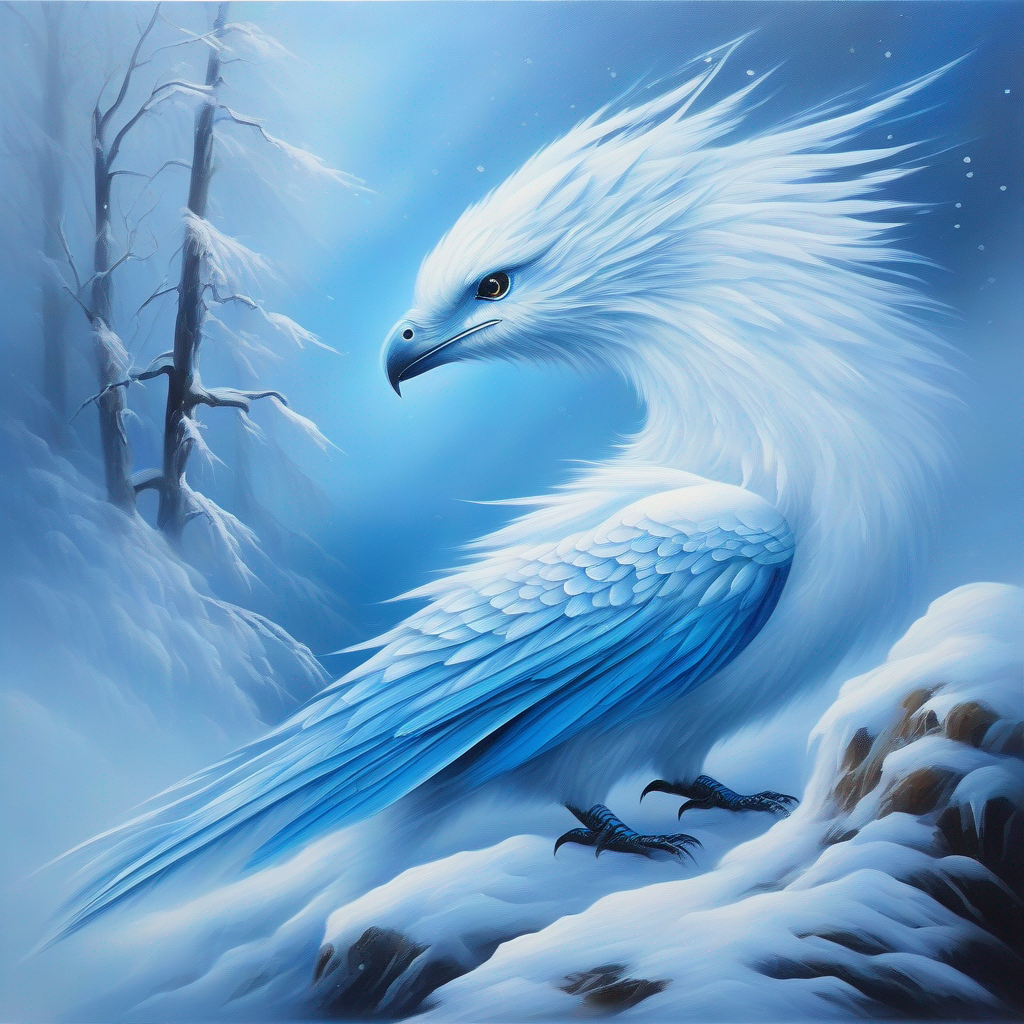 A small bird with blue feathers, shivering in the cold bird lost in the snow with A white dragon with kind eyes, breathing snowy mist helping