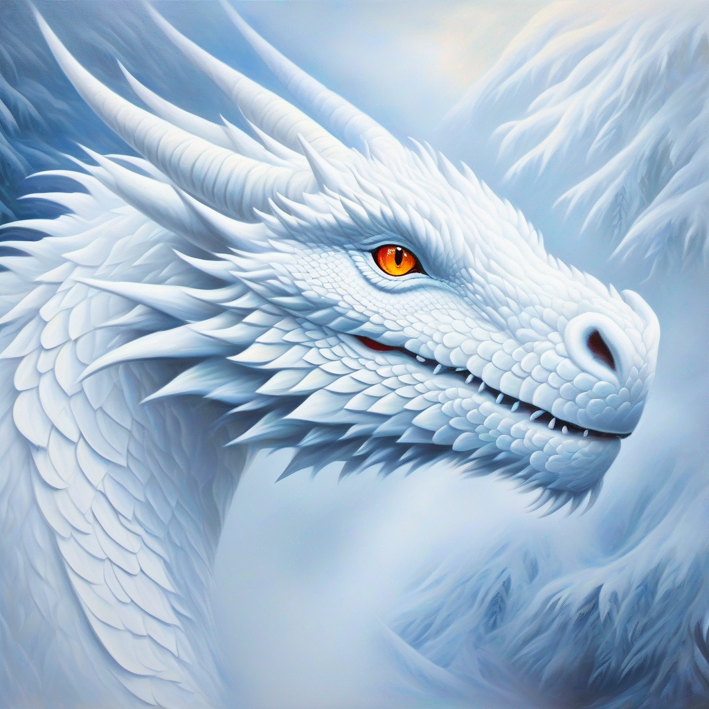 A white dragon with kind eyes, breathing snowy mist helping animals with his snowy breath