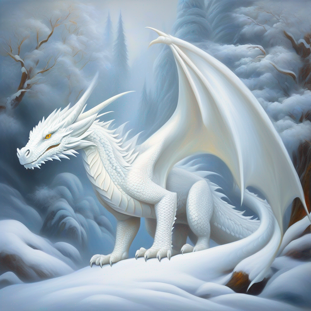 A white dragon with kind eyes, breathing snowy mist the Snowy Dragon listening to animals happily