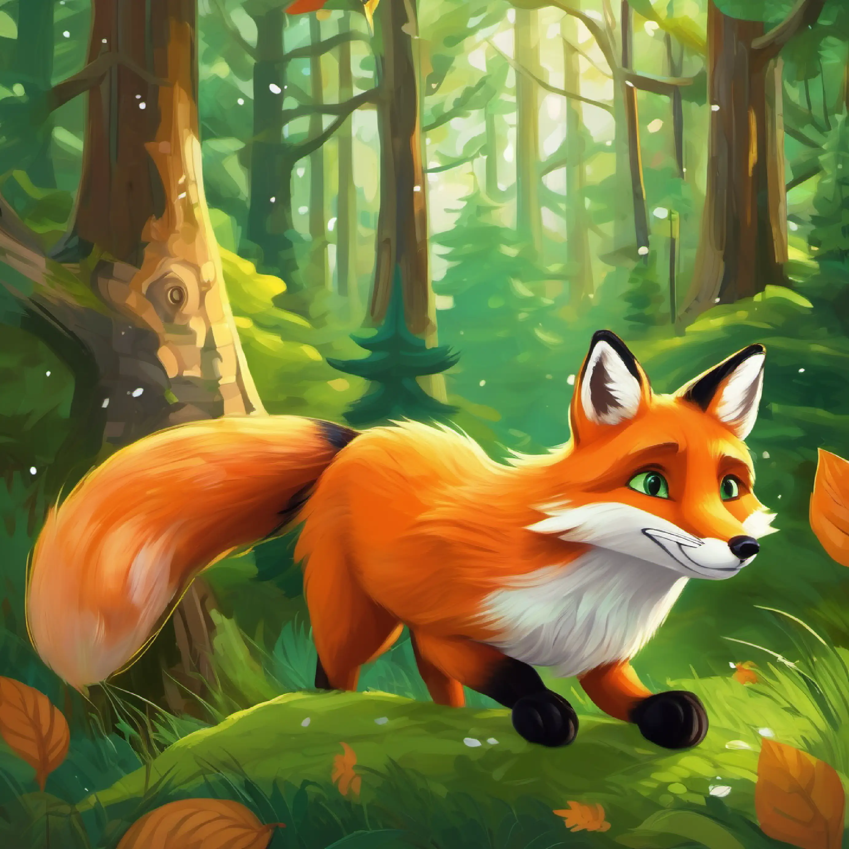 Forest setting, introduction of Orange fur, bushy tail, intelligent green eyes, quick on his feet the clever fox.