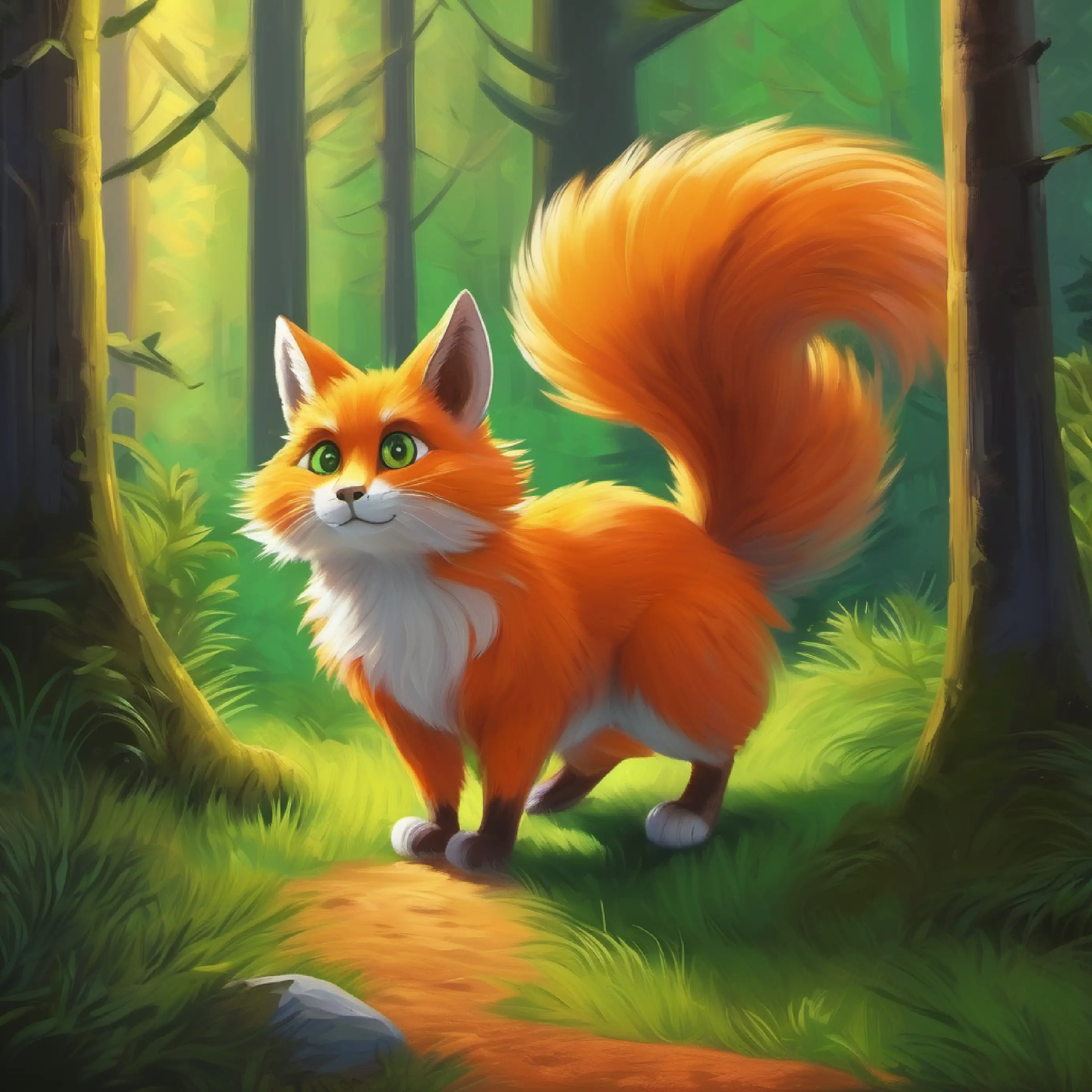 Orange fur, bushy tail, intelligent green eyes, quick on his feet realizes the threat to the forest, begins to develop a plan.