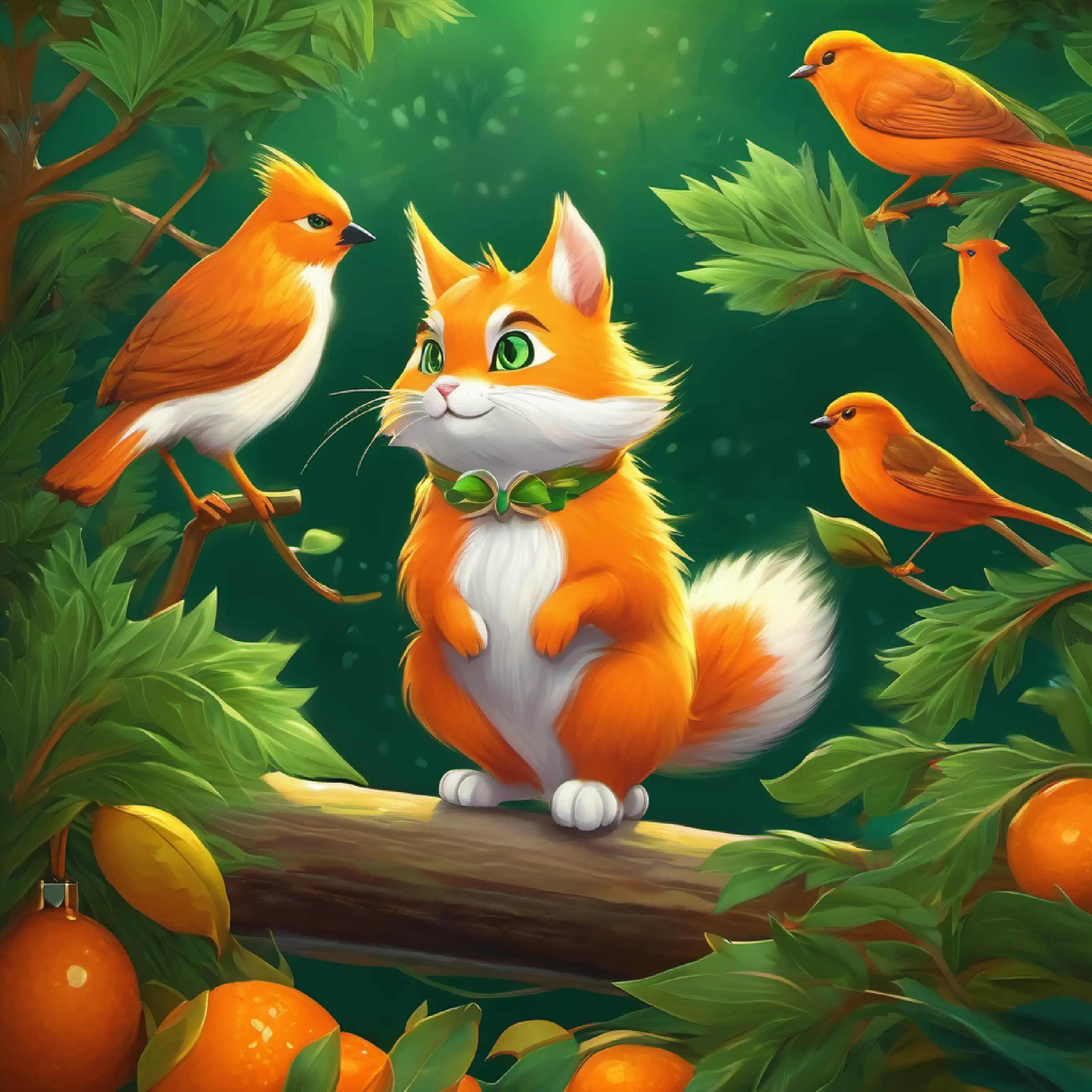 Orange fur, bushy tail, intelligent green eyes, quick on his feet enlisting the help of birds to solve the problem.