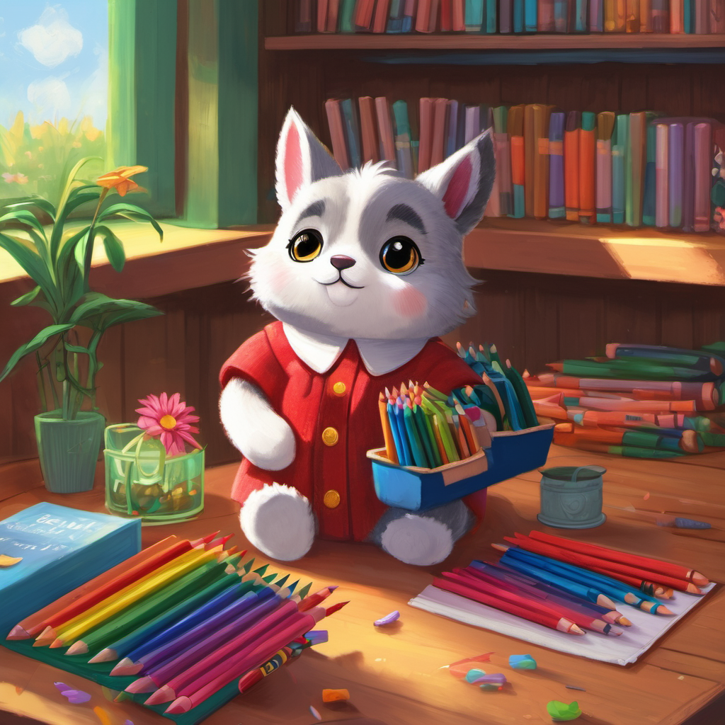 Relieved and proud of himself, Mr. Cuddles gathered all the crayons and carefully placed them in a small basket on Lily's desk. As the sun began to rise, he quickly returned to his spot next to Lily, turning back into a stuffed toy just in time. When Lily woke up that morning, she couldn't believe her eyes! Her red crayons, which she had searched for so tirelessly, were waiting for her in a beautiful basket. She squealed with joy, hugging Mr. Cuddles tightly.