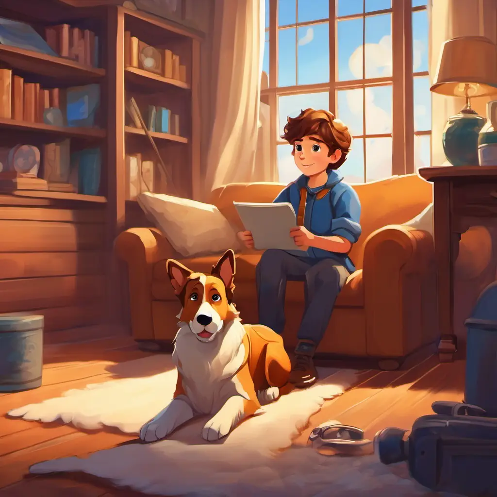 Introducing Curious and brave young reporter with brown hair and bright blue eyes and Loyal dog with golden fur and big, friendly brown eyes, the young reporter and his loyal dog, in their cozy home.