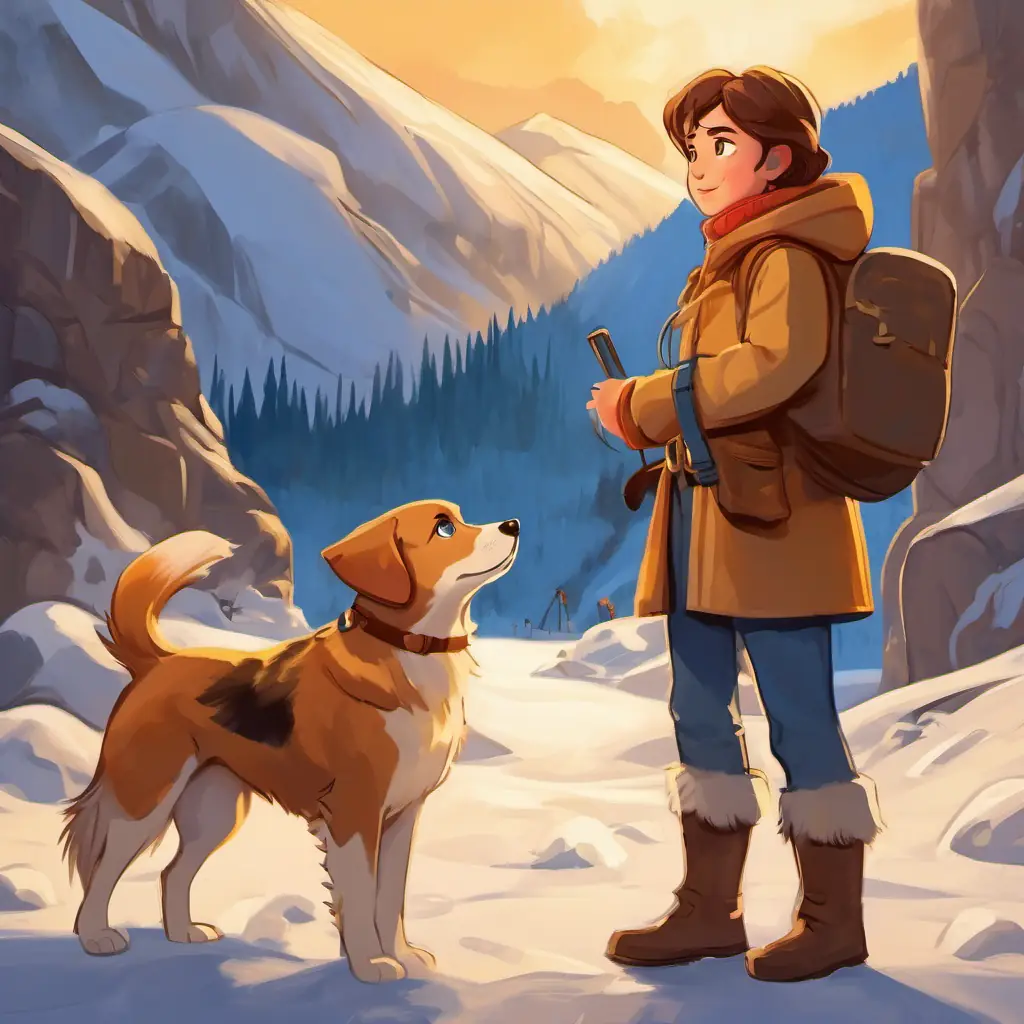 Curious and brave young reporter with brown hair and bright blue eyes and Loyal dog with golden fur and big, friendly brown eyes make a decision to go on an adventure to uncover the truth in Novaya Zemlya.