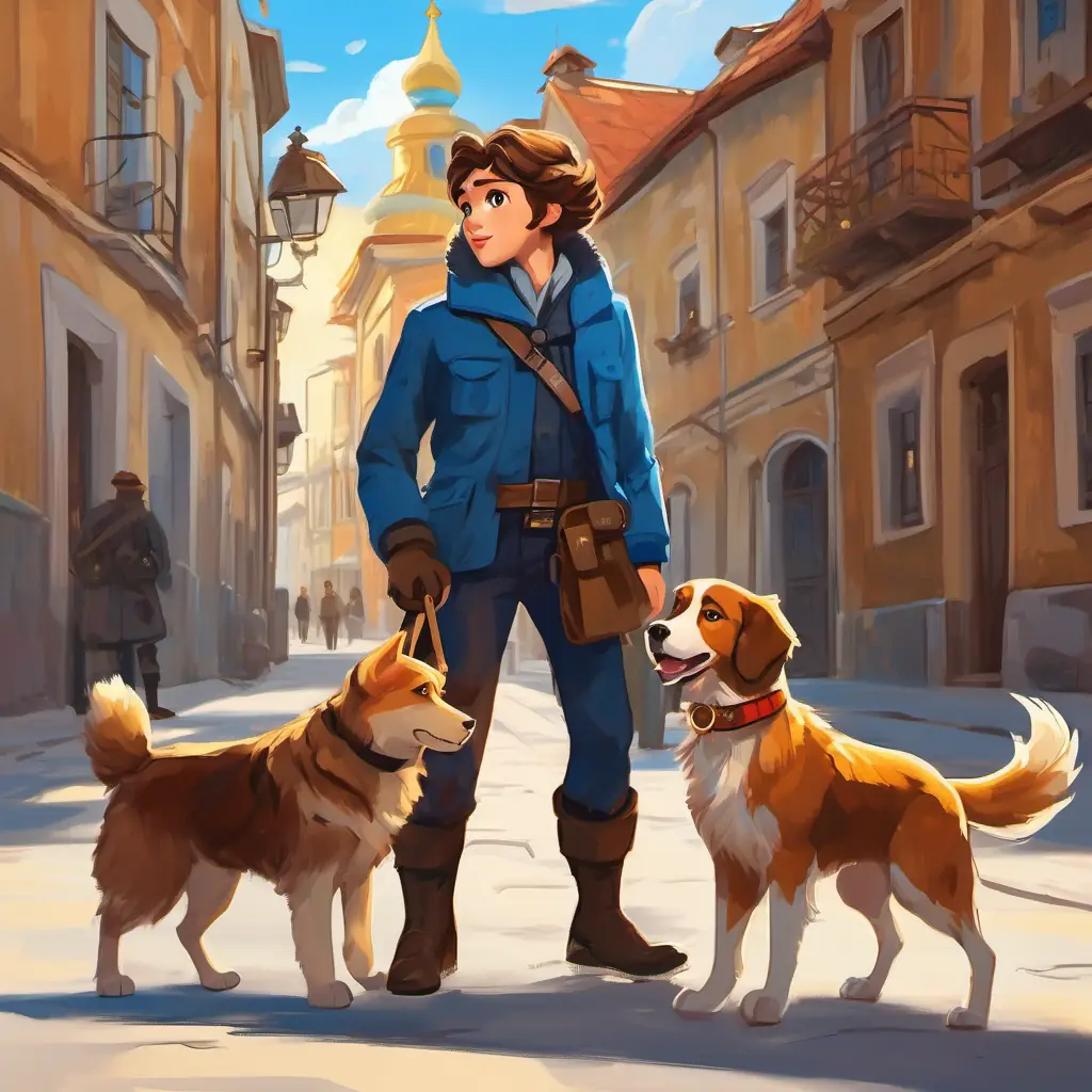 Curious and brave young reporter with brown hair and bright blue eyes and Loyal dog with golden fur and big, friendly brown eyes arrive in Novaya Zemlya, encountering secret police and meeting friendly locals.