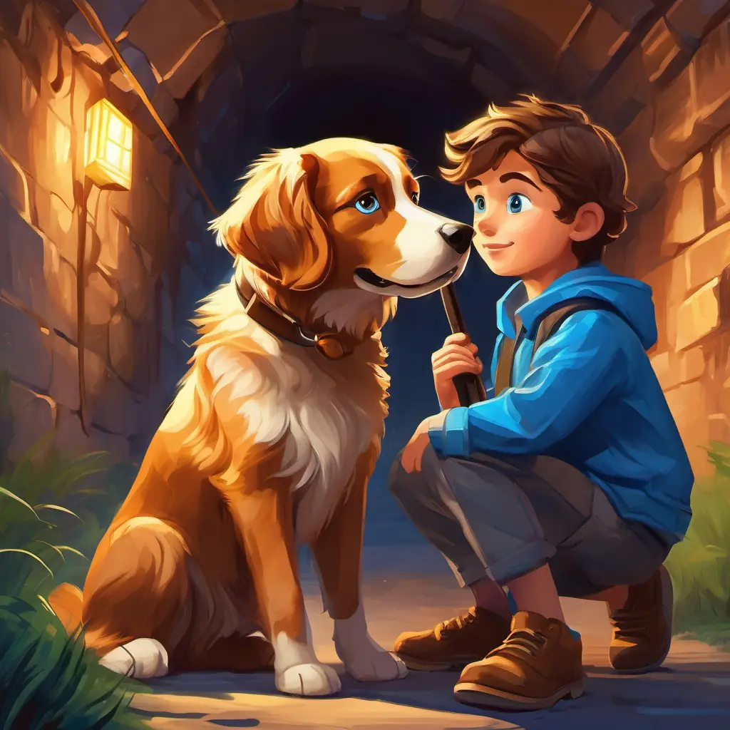 Curious and brave young reporter with brown hair and bright blue eyes shows his quick wit in uncovering hidden truths, with Loyal dog with golden fur and big, friendly brown eyes by his side in the secret tunnels.