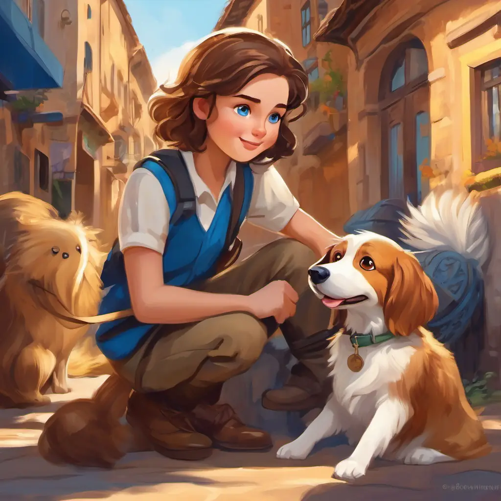 Curious and brave young reporter with brown hair and bright blue eyes and Loyal dog with golden fur and big, friendly brown eyes help the local people gather evidence and expose corruption, bringing positive changes.