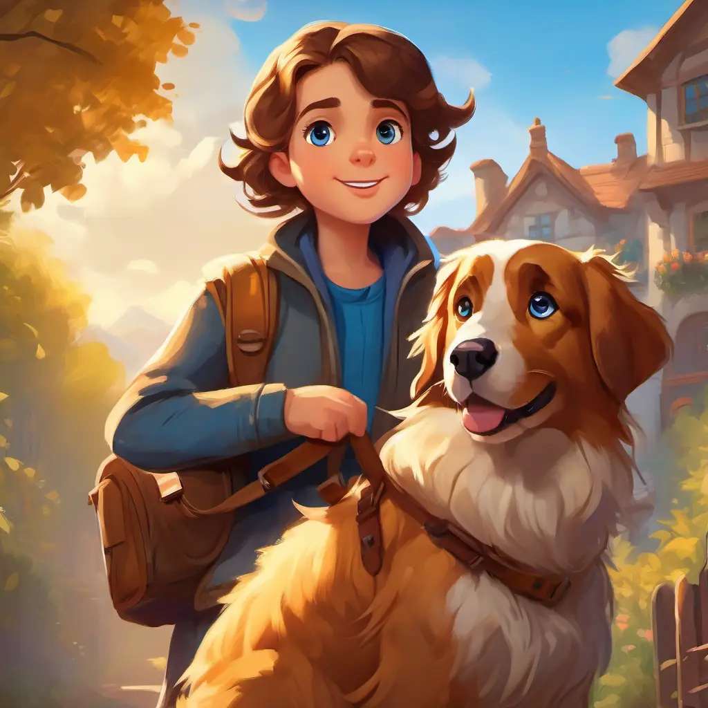 Curious and brave young reporter with brown hair and bright blue eyes and Loyal dog with golden fur and big, friendly brown eyes bid farewell to their new friends and return home, ready for more adventures.