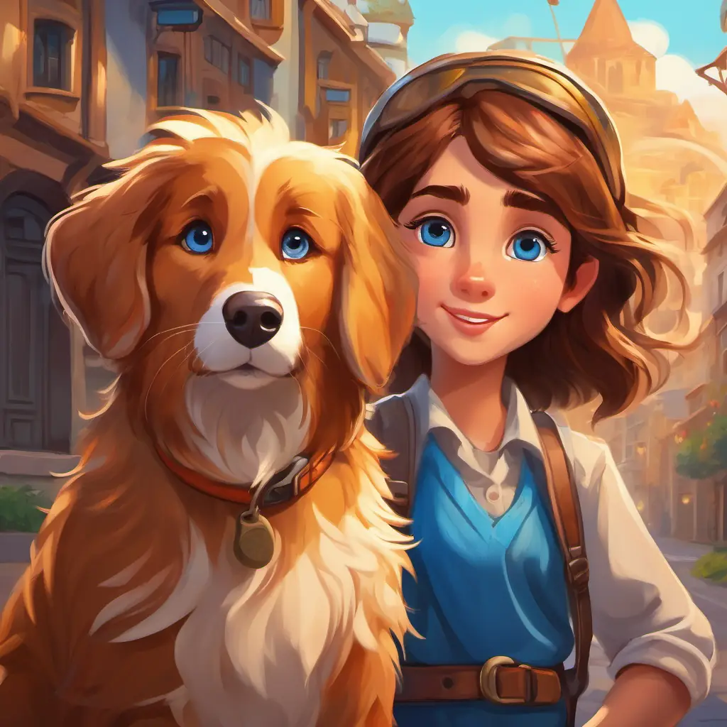 Curious and brave young reporter with brown hair and bright blue eyes and Loyal dog with golden fur and big, friendly brown eyes continue their adventurous spirit, ready for new journeys and challenges.