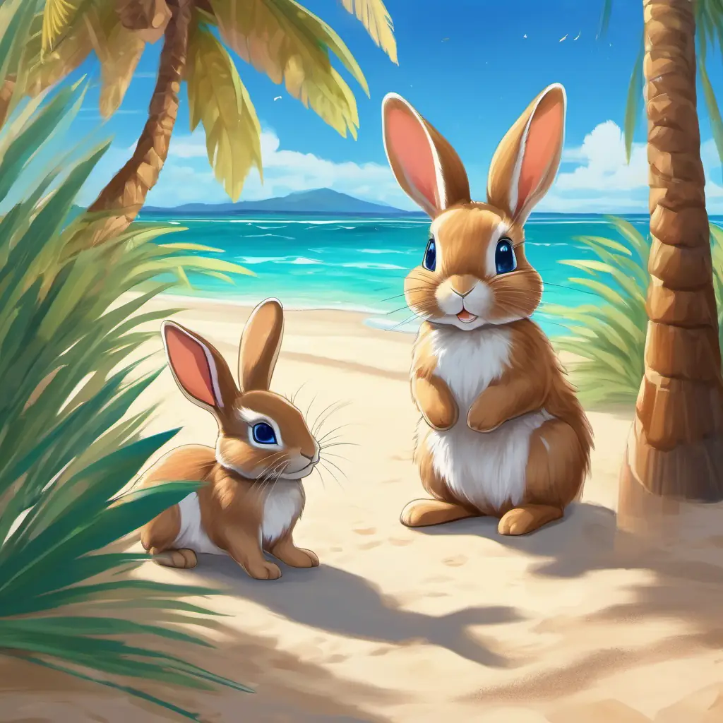 Visual description: A sandy beach with sparkling blue water, surrounded by tall palm trees. The rabbit family consists of a mommy rabbit with soft brown fur and kind brown eyes, a daddy rabbit with fluffy gray fur and playful blue eyes, and their little bunny with white fur and curious green eyes.