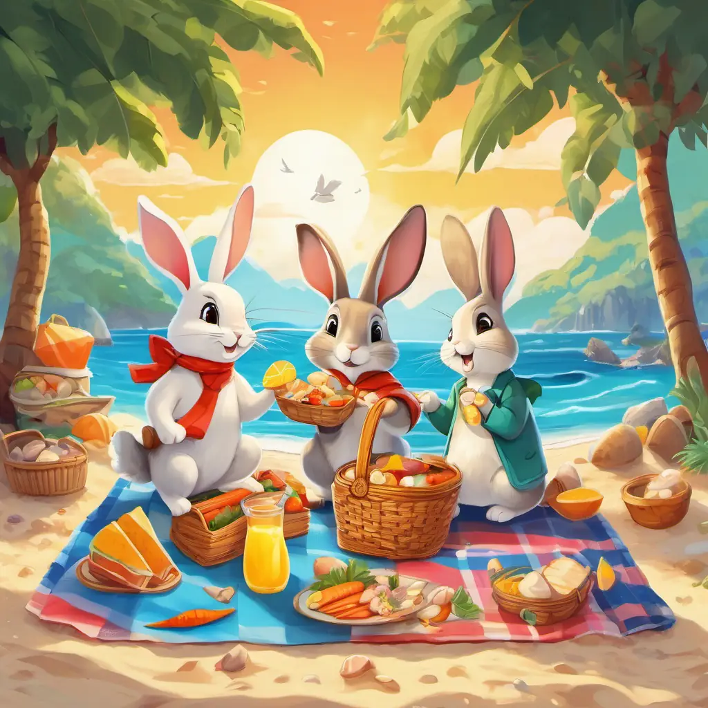 Visual description: The rabbit family is sitting on a colorful beach blanket, enjoying a picnic. They have a basket filled with yummy carrot sandwiches and a jug of cool lemonade. The beach is filled with seashells, and seagulls are flying in the sky.