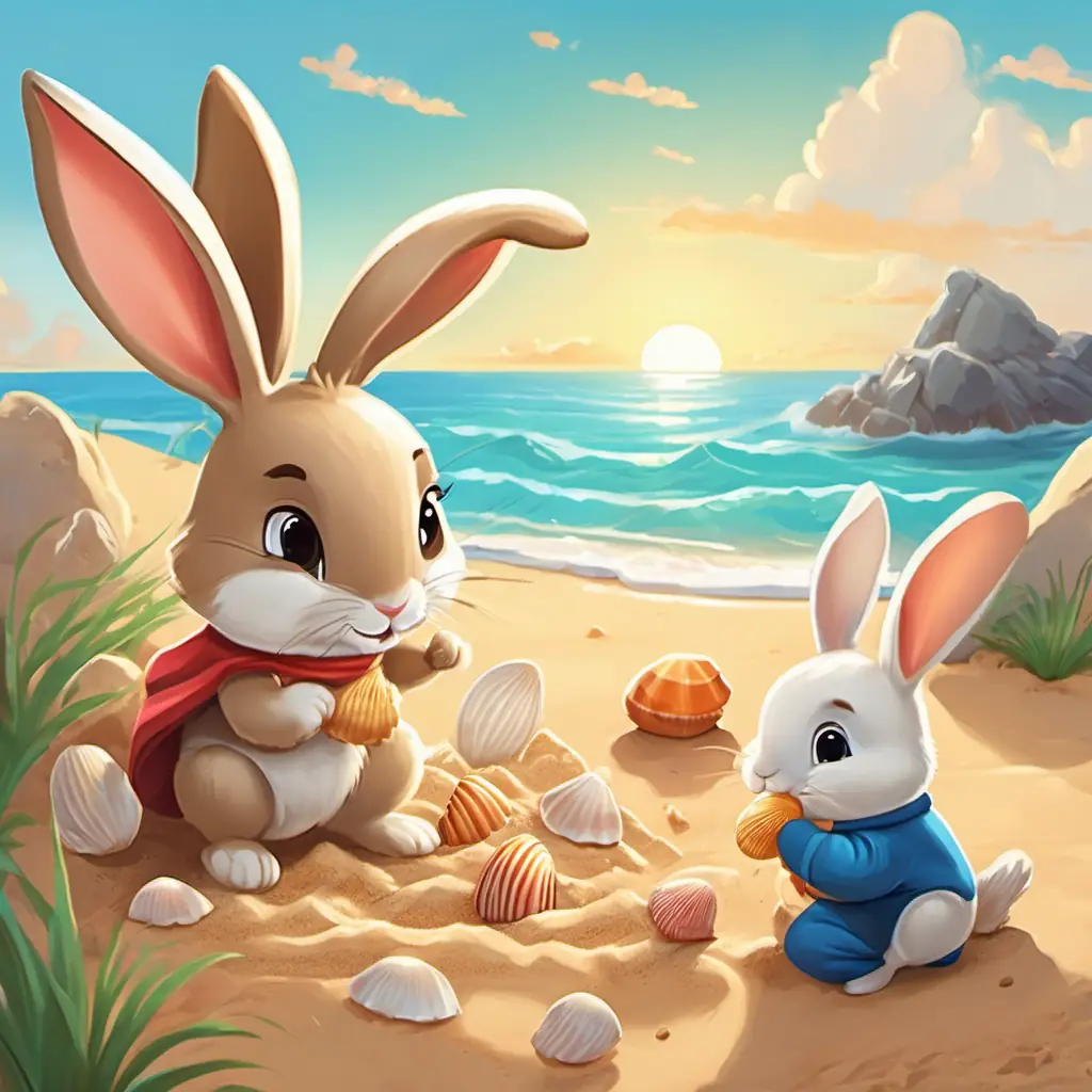 Visual description: The little bunny is digging in the sand with excitement. They have built a sandcastle with a seashell flag on top. The mommy rabbit is watching with joy, while the daddy rabbit is collecting seashells nearby.