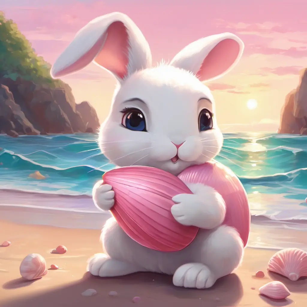 Visual description: The little bunny is holding a pink seashell up to their ear, listening to the soothing sound of the ocean. The seashell shines in different shades of pink and white, reflecting the sunlight.