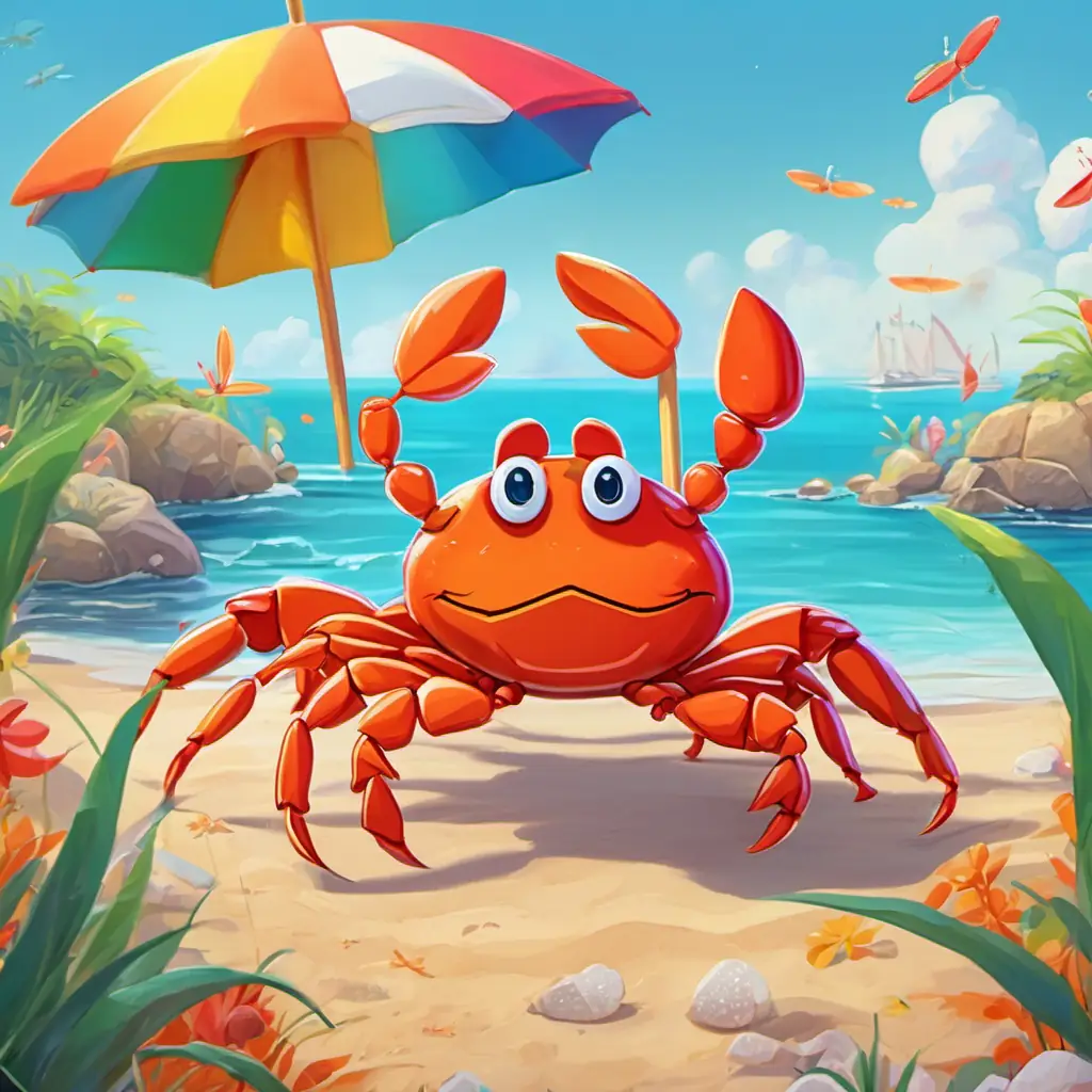 Visual description: Charlie the crab has bright orange-red color with adorable big eyes on stalks. He is waving his pincers happily and standing near the rabbit family. The beach behind them is dotted with colorful beach umbrellas.