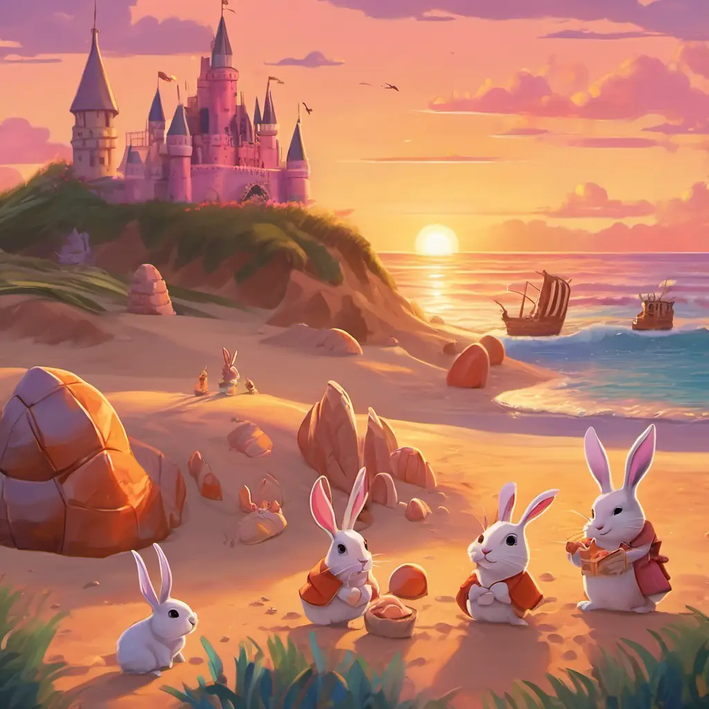 Visual description: The rabbit family and Charlie the crab are having a great time building a big sandcastle. They use seashells to decorate it and make it look like a royal palace. The sun is setting on the horizon, creating a beautiful orange and pink sky.