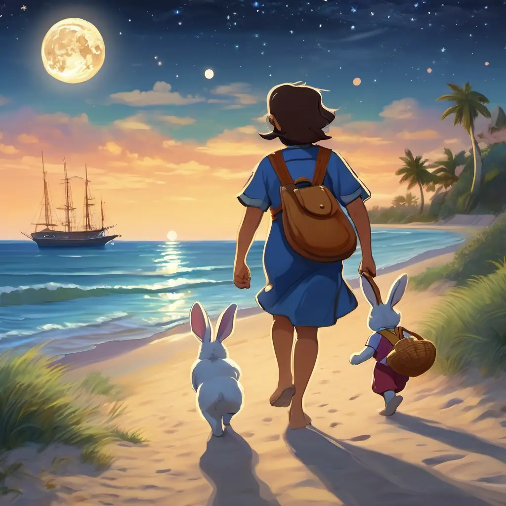 Visual description: The rabbit family is walking hand in hand, carrying a small bag full of seashells they collected. The beach is empty now, with only their footprints left in the sand. The moon is shining brightly in the starry night sky.