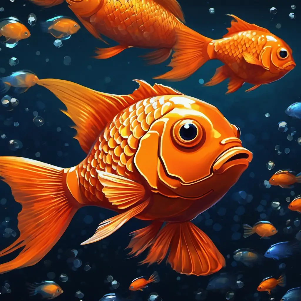 Small orange fish with shiny scales and a curious mind, a small orange fish with shiny scales, swimming in the deep, dark ocean