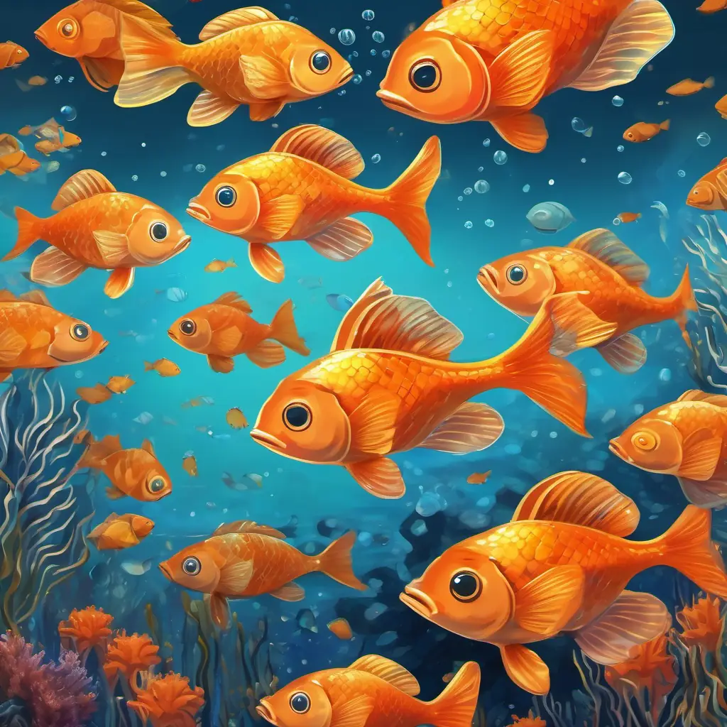 Small orange fish with shiny scales and a curious mind and fish friends facing the dangers of the ocean with smiles on their faces
