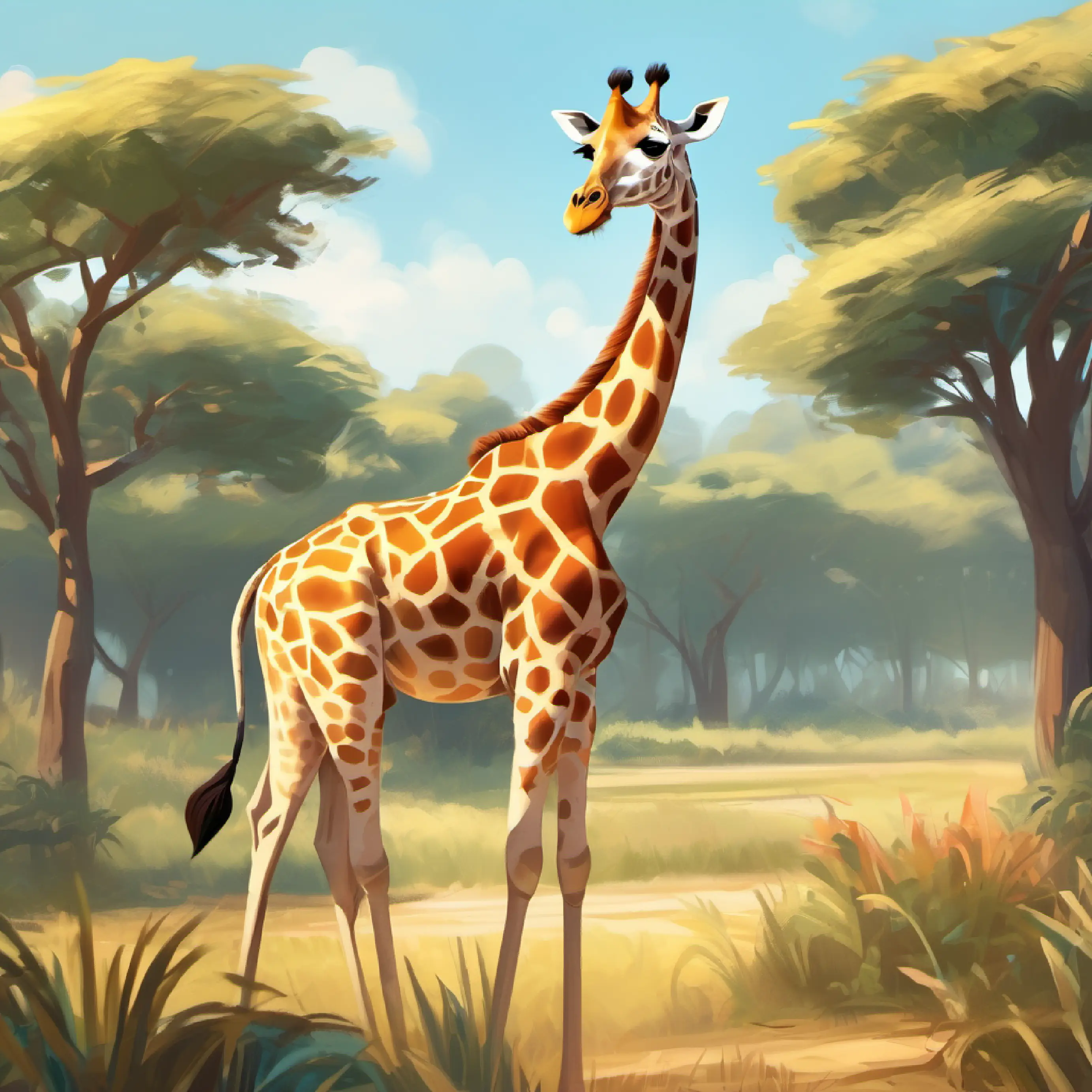 Introduction to Tall, gentle giraffe with brown spots and big, friendly eyes at the savanna school.