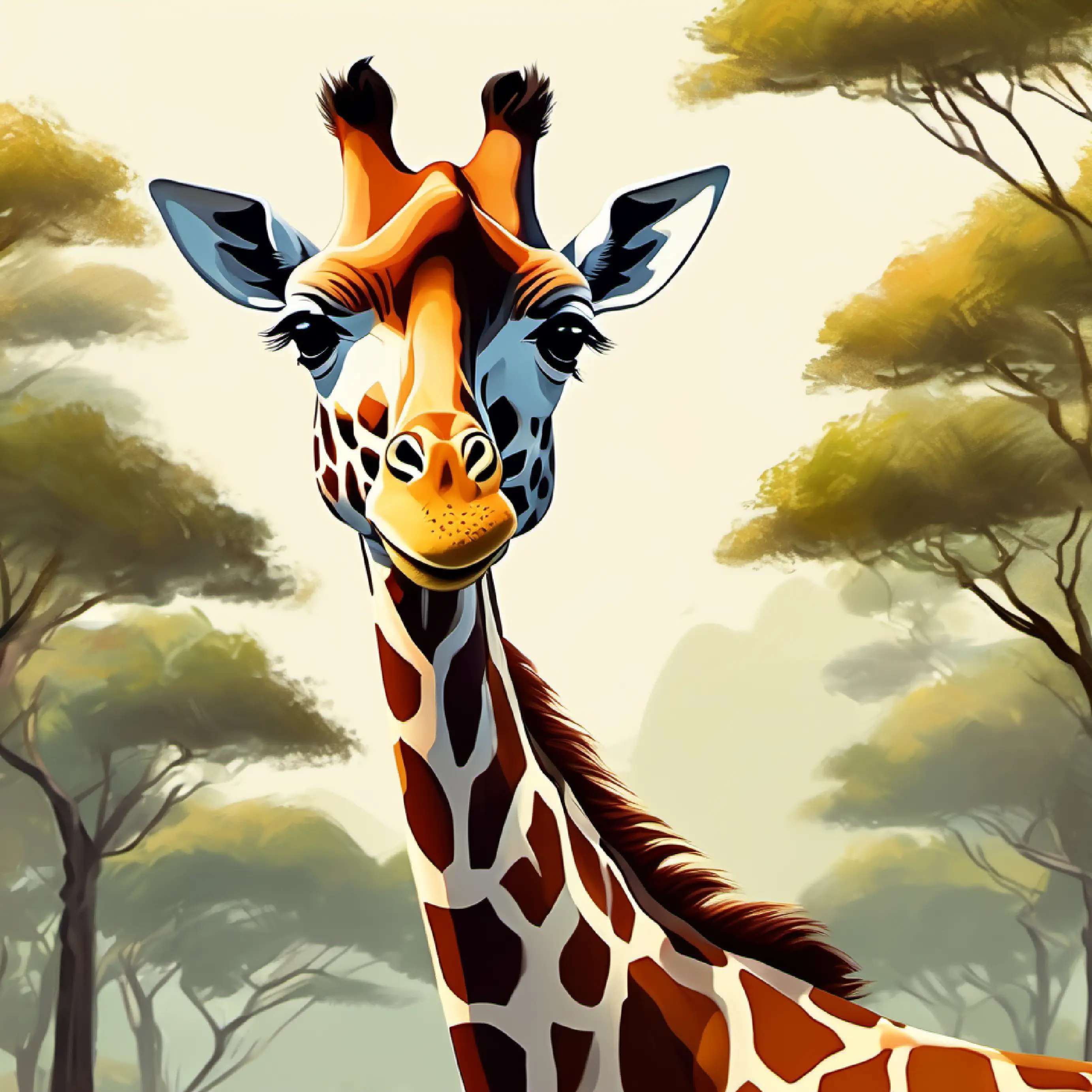 Tall, gentle giraffe with brown spots and big, friendly eyes described with a simile to acacia trees.