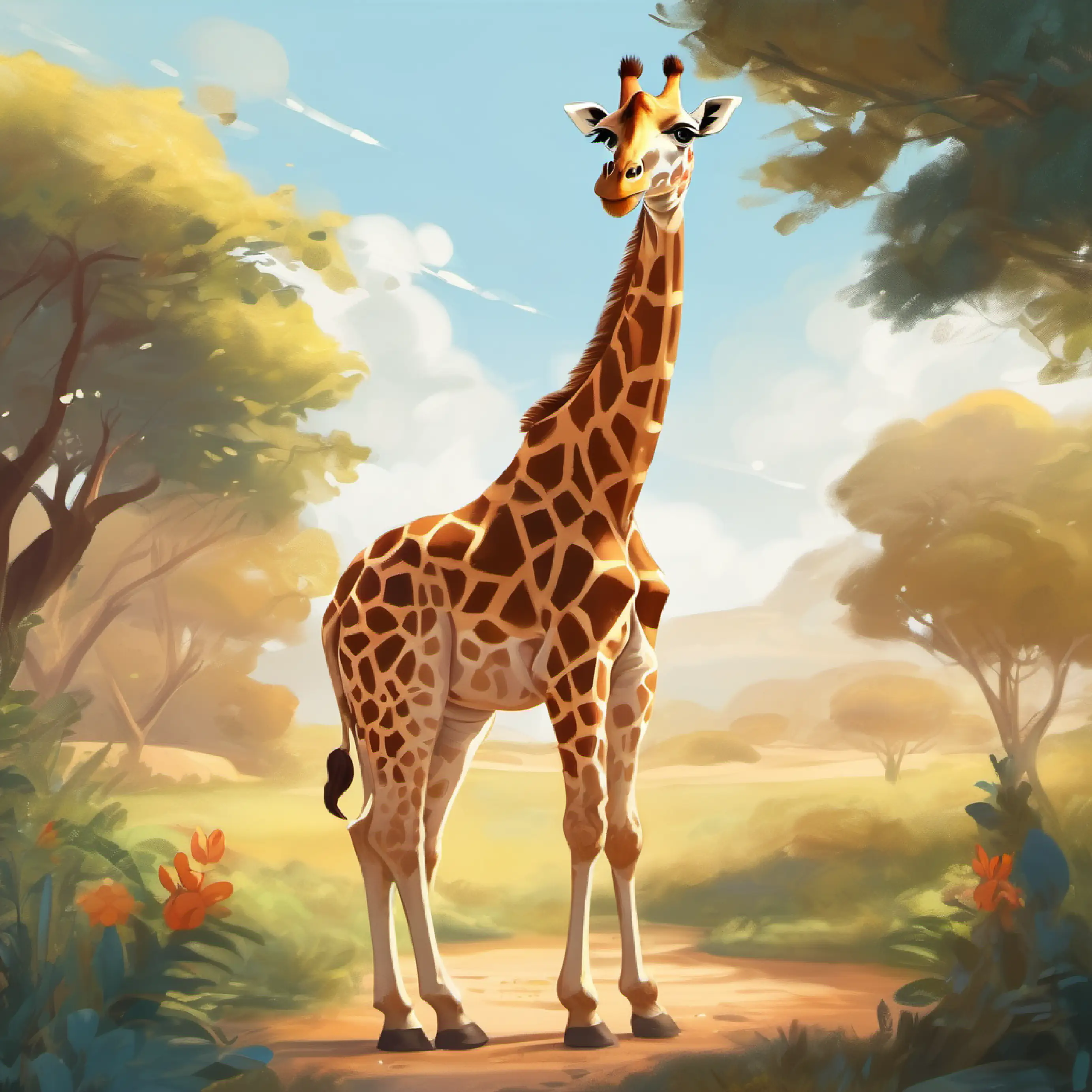 Tall, gentle giraffe with brown spots and big, friendly eyes practicing her dance routine.