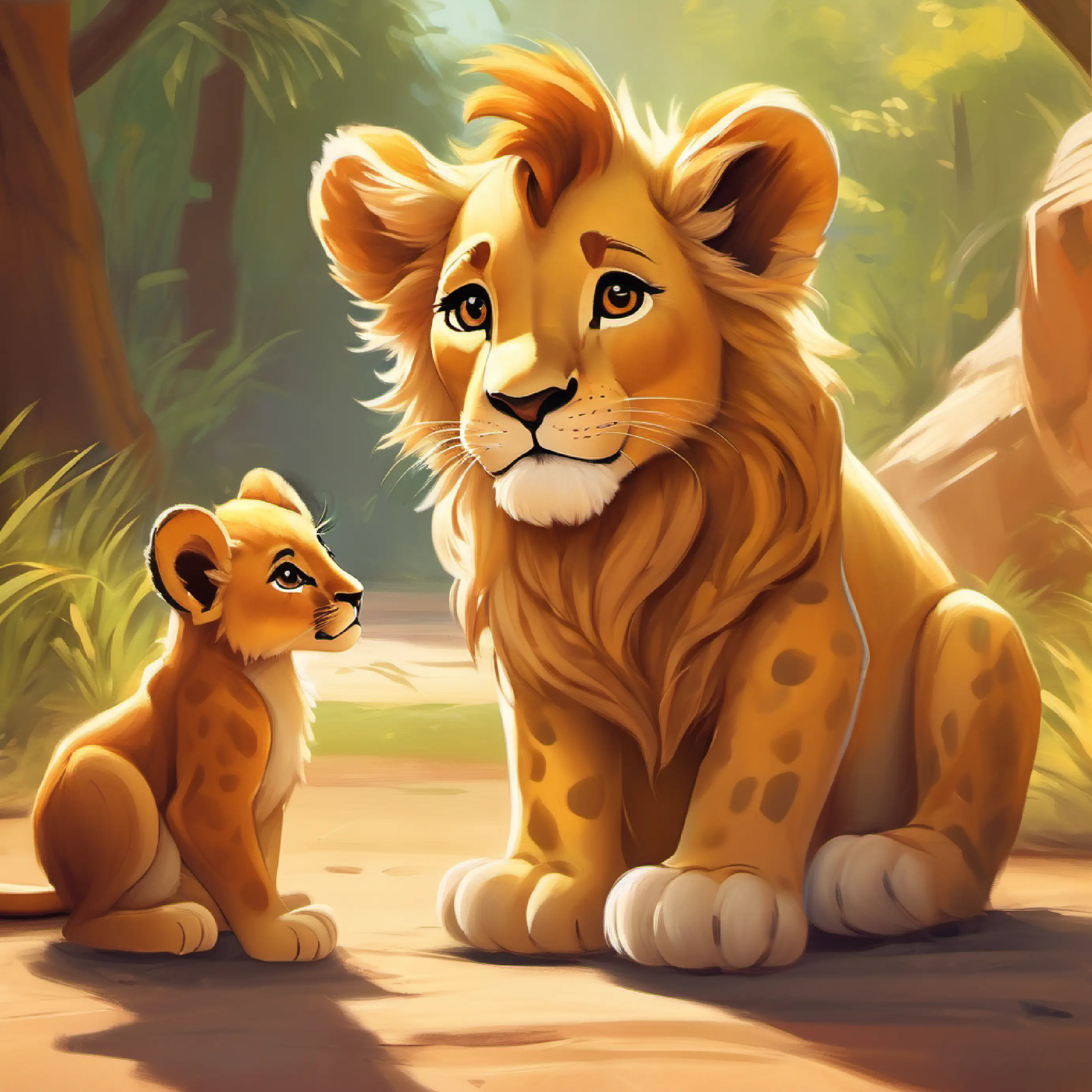 Playful lion cub with golden fur and curious brown eyes is introduced and wants to join Tall, gentle giraffe with brown spots and big, friendly eyes.