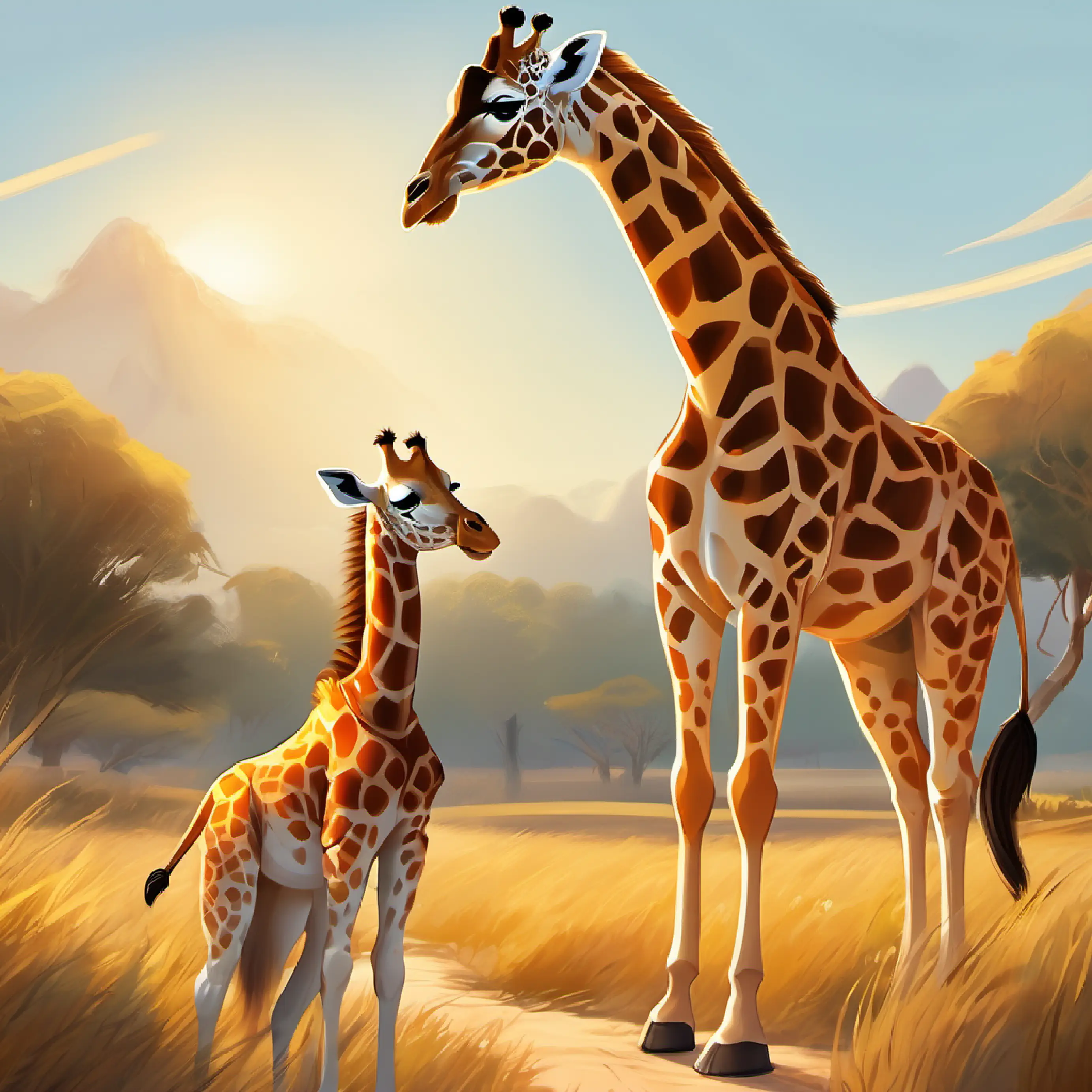 Tall, gentle giraffe with brown spots and big, friendly eyes accepts and teaches Playful lion cub with golden fur and curious brown eyes.