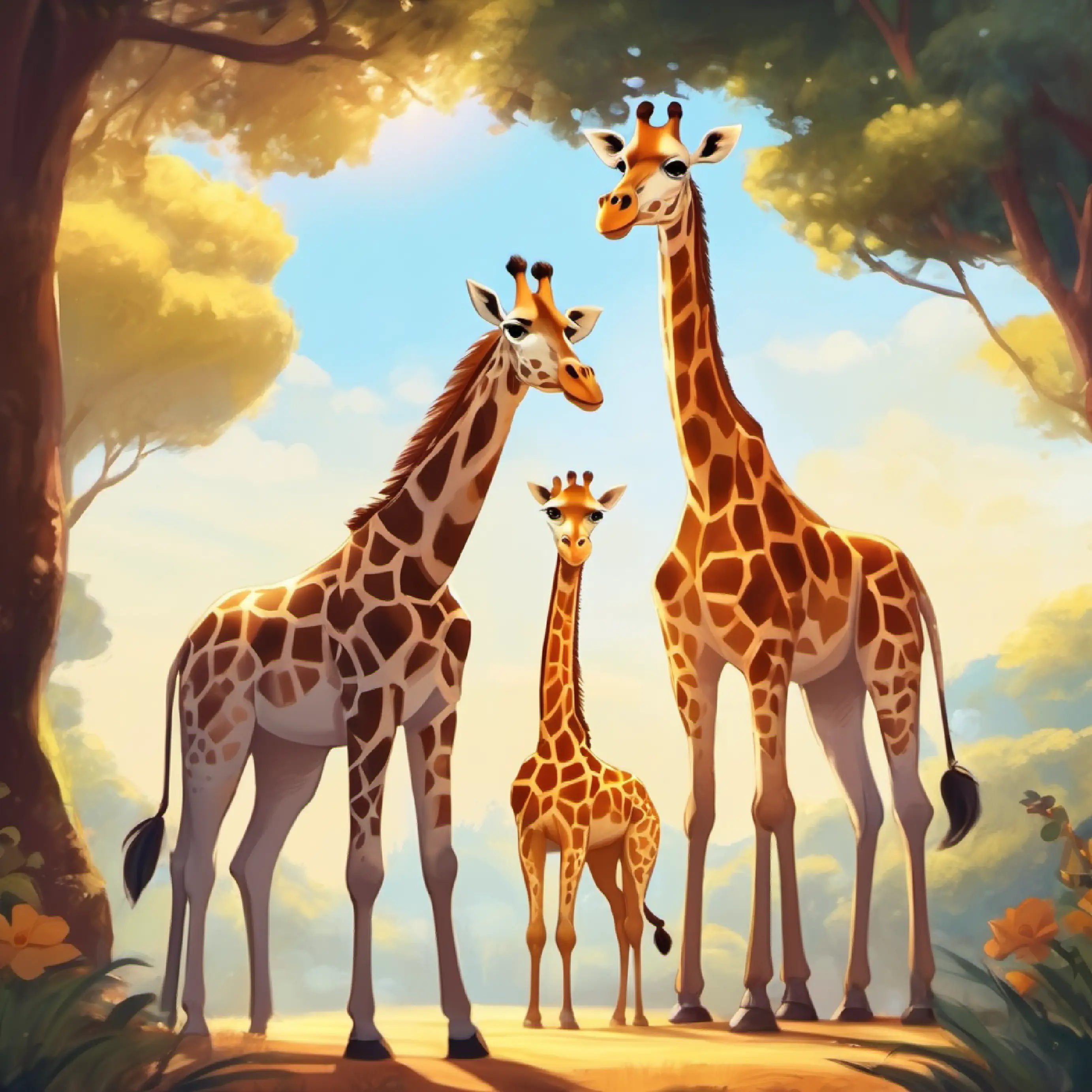 Tall, gentle giraffe with brown spots and big, friendly eyes and friends about to perform.