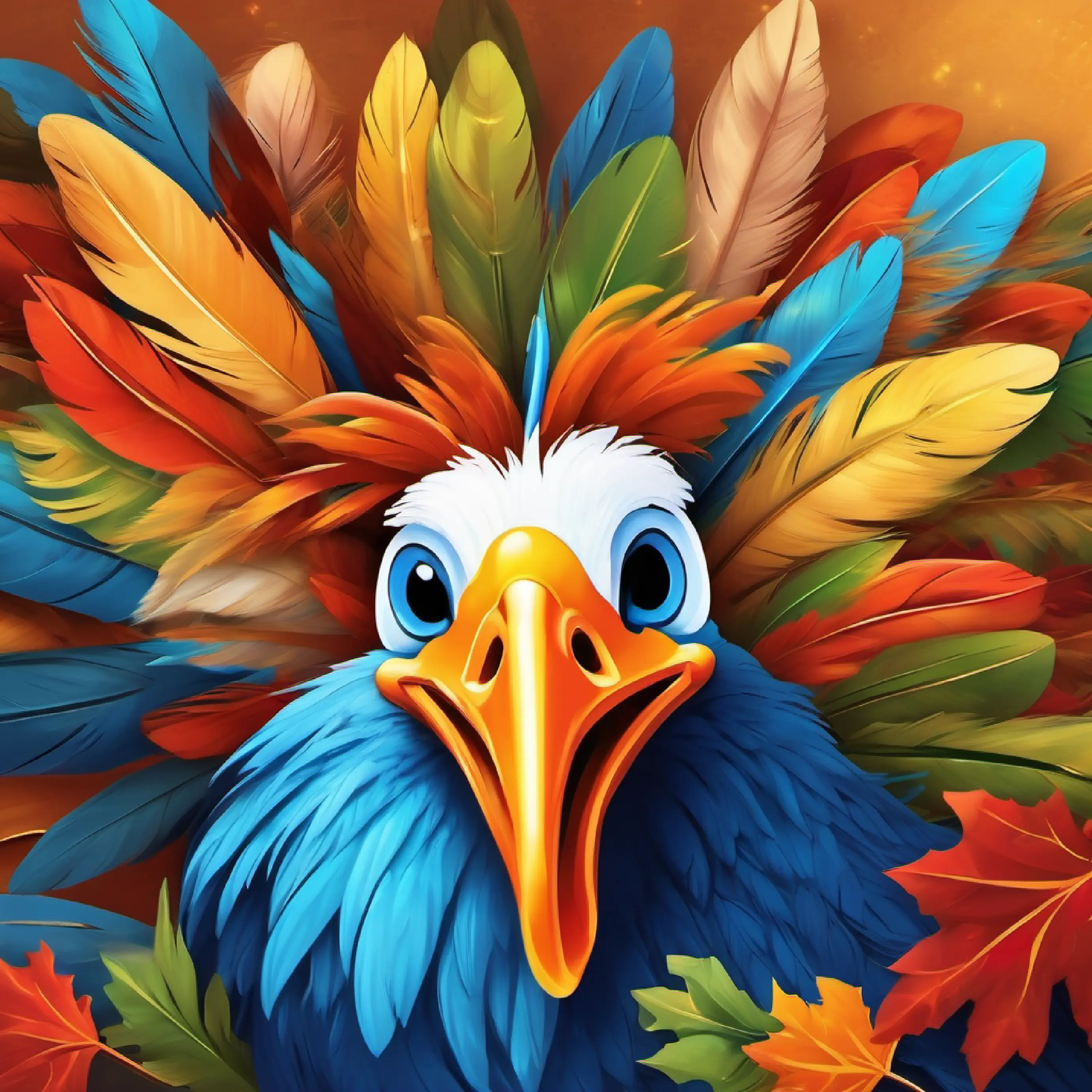 Introducing Autumn-hued feathers, bright blue eyes, enthusiastic, a turkey and the barn setting.