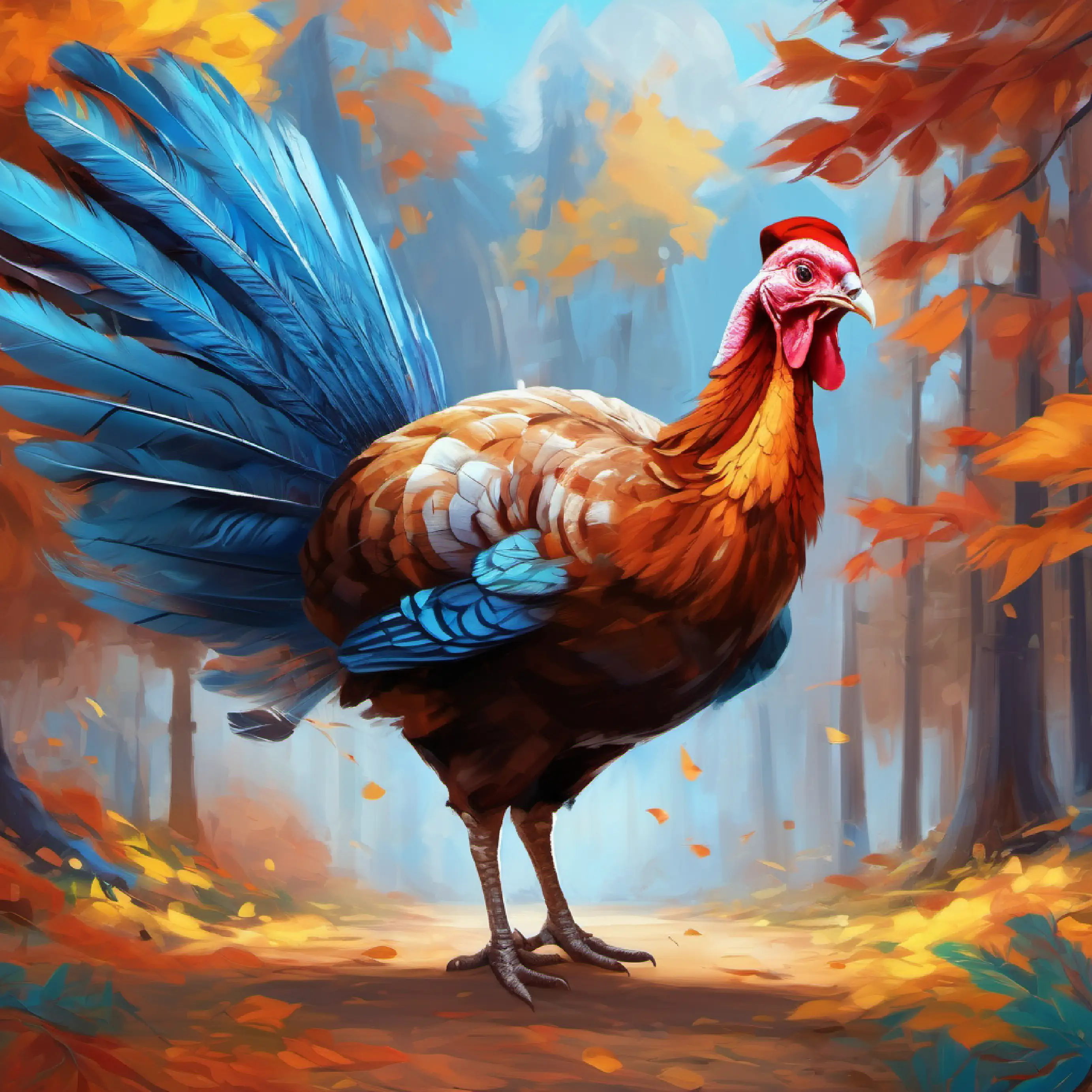 Autumn-hued feathers, bright blue eyes, enthusiastic, a turkey wins the final point after a tense rally.