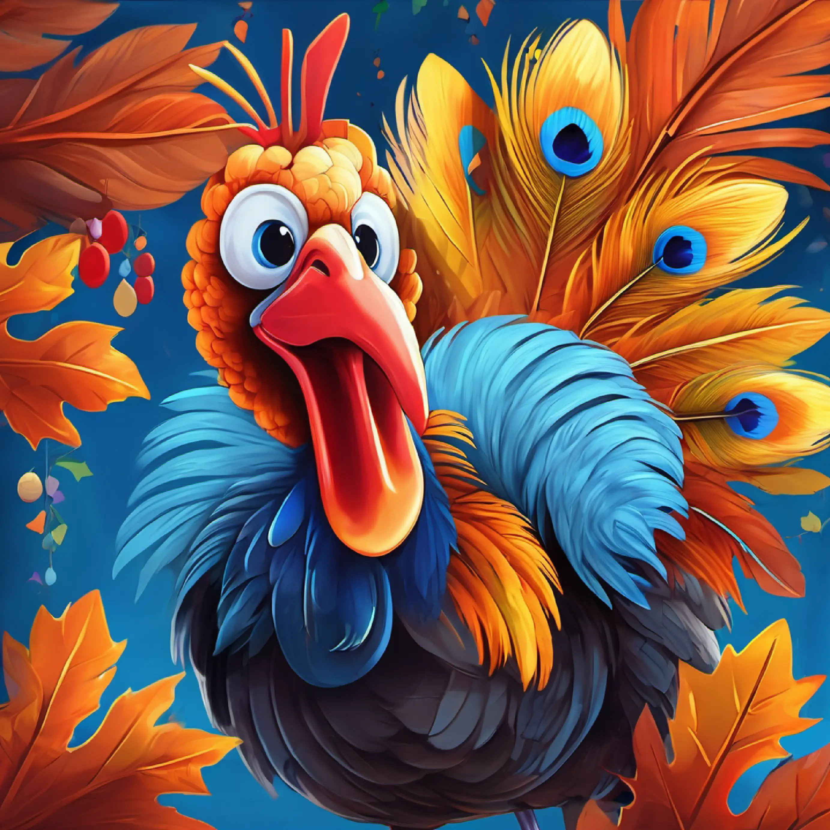 Autumn-hued feathers, bright blue eyes, enthusiastic, a turkey starts practicing, learning from mistakes.