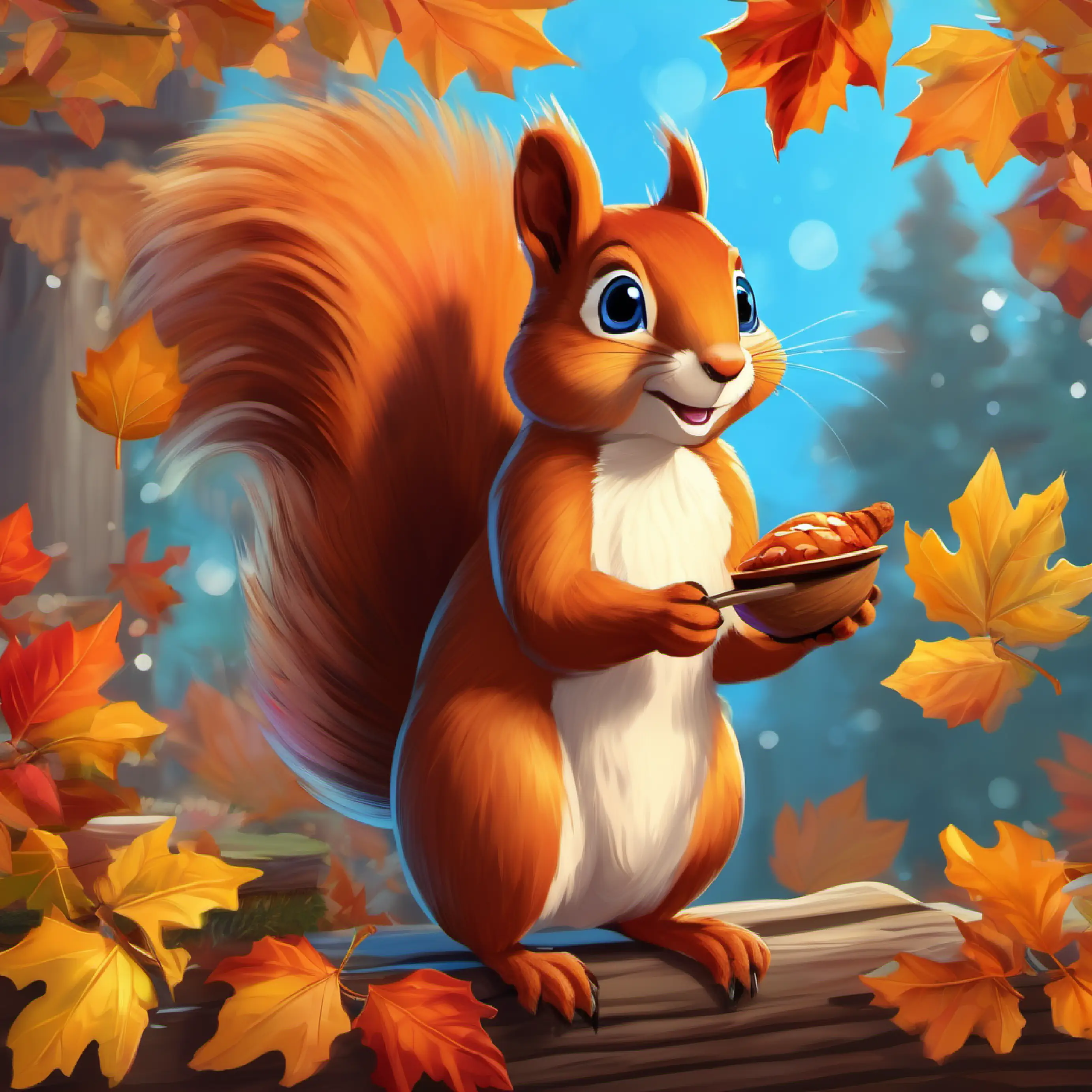 Sammy the Squirrel offers to help Autumn-hued feathers, bright blue eyes, enthusiastic, a turkey.